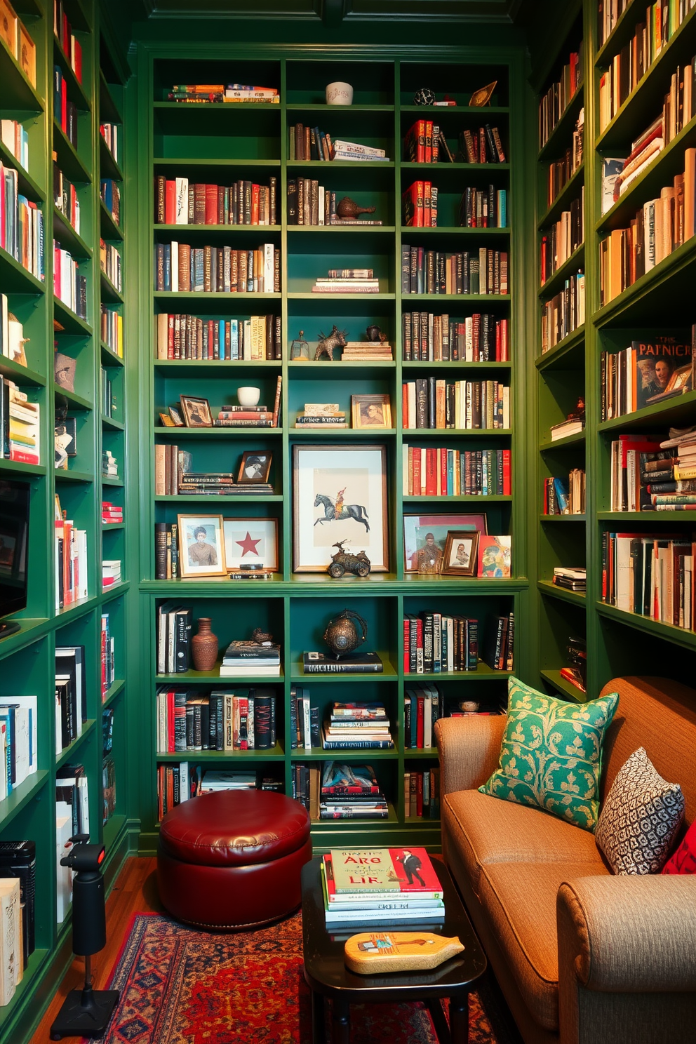 A cozy man cave featuring floor-to-ceiling green bookshelves that create a warm and inviting atmosphere. The shelves are filled with a curated selection of books, decorative items, and personal memorabilia, complemented by soft lighting that enhances the space.