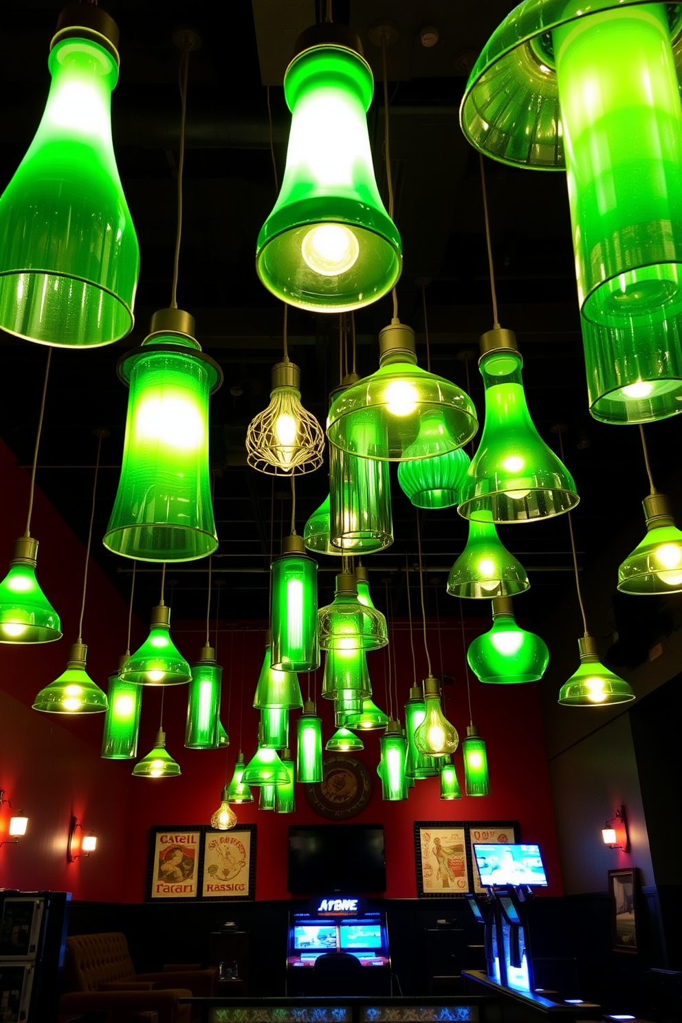 A collection of unique green light fixtures hangs from the ceiling, casting a warm and inviting glow throughout the space. The fixtures vary in shape and size, creating a dynamic visual interest while enhancing the overall ambiance of the room. The walls are adorned with deep, rich colors, complemented by plush seating and rustic decor elements. A dedicated area for gaming and entertainment features comfortable seating and strategically placed lighting, making it the perfect retreat for relaxation and fun.