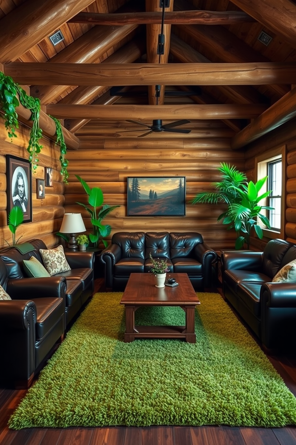 A cozy man cave featuring natural wood beams that create a warm and inviting atmosphere. The space is accented with green elements such as indoor plants and a lush green area rug. The walls are adorned with rustic wood paneling, enhancing the natural feel of the room. Comfortable leather furniture is arranged around a central coffee table, creating an ideal space for relaxation and entertainment.