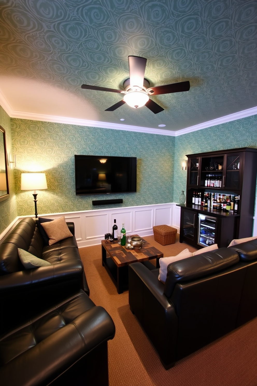 A cozy man cave featuring green patterned wallpaper that adds visual interest to the space. The room includes a plush sectional sofa in dark leather, a large flat-screen TV mounted on the wall, and a rustic wooden coffee table at the center. In one corner, a mini bar with dark wood cabinetry is stocked with various beverages. Ambient lighting is provided by stylish floor lamps and wall sconces, creating a warm and inviting atmosphere.