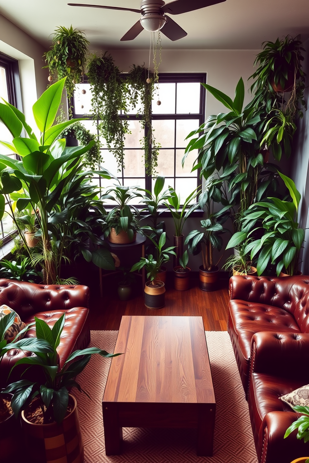 A cozy man cave filled with indoor plants that enhance the atmosphere. The room features plush seating, a rustic wooden coffee table, and a variety of greenery in stylish pots scattered throughout. The walls are adorned with dark wood paneling, creating a warm and inviting feel. Soft lighting complements the natural elements, making it a perfect space for relaxation and entertainment.