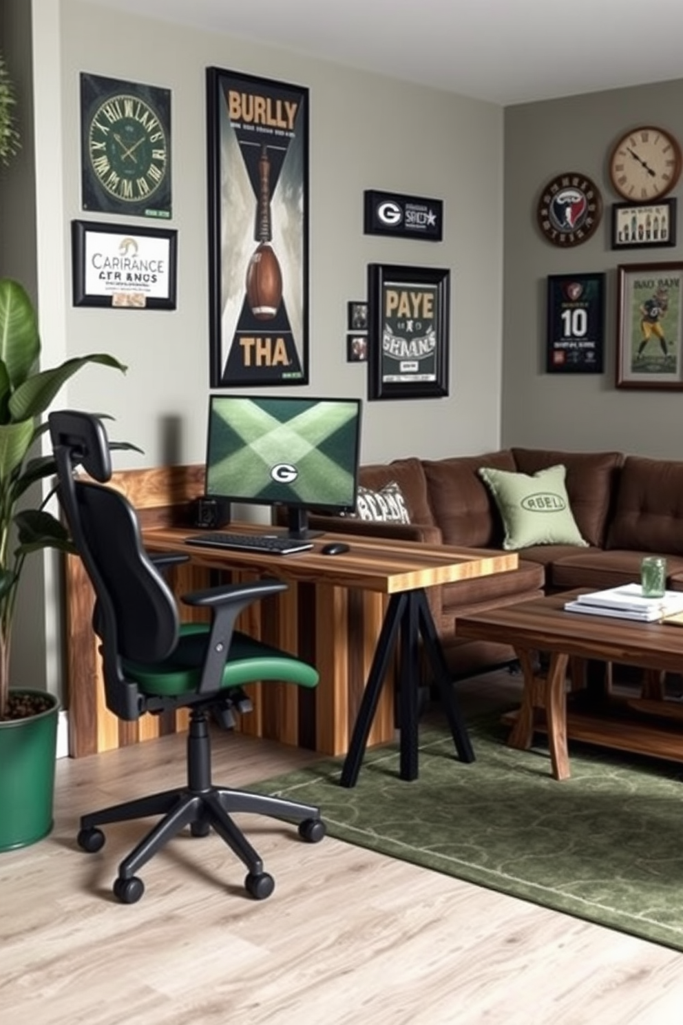 A functional workspace featuring green accents. The desk is made of reclaimed wood, complemented by a comfortable ergonomic chair and a large potted plant in the corner. A cozy man cave designed with earthy tones and green accents. The space includes a plush sectional sofa, a rustic coffee table, and framed sports memorabilia adorning the walls.