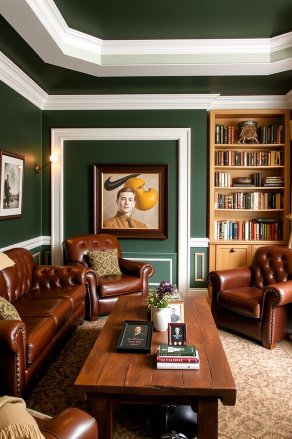 A cozy man cave featuring dark green walls paired with crisp white trim. The room is adorned with plush leather seating, a rustic wooden coffee table, and shelves filled with books and memorabilia.