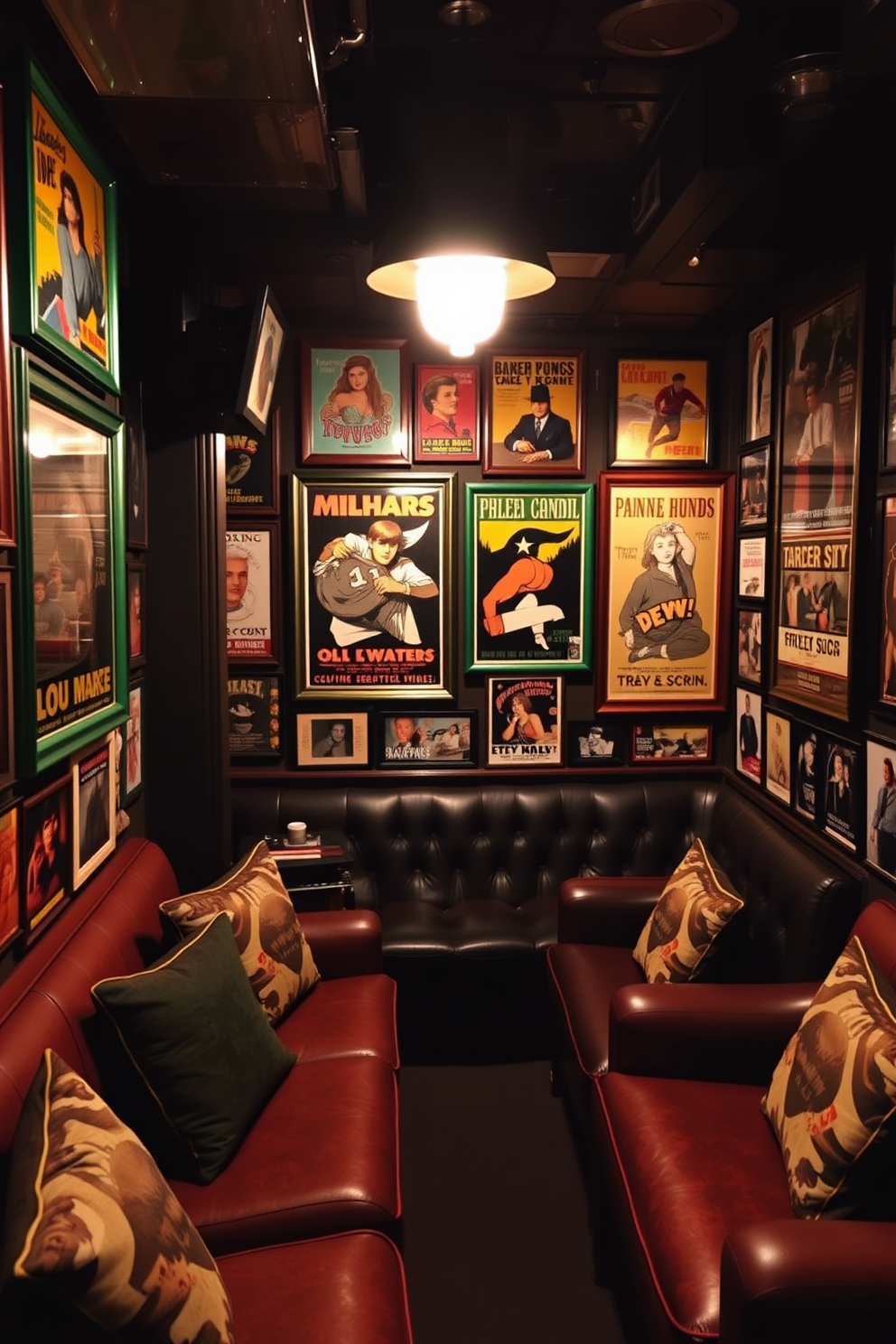 A cozy man cave featuring vintage posters in green frames adorning the walls. The space is filled with comfortable seating and ambient lighting, creating a perfect retreat for relaxation and entertainment.