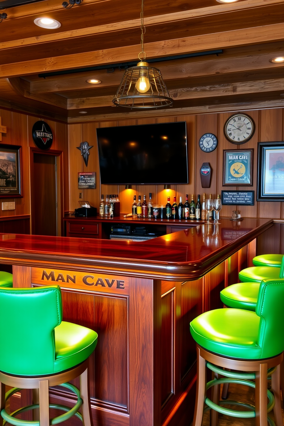 A stylish wooden bar crafted from rich mahogany features a polished countertop that reflects ambient lighting. Surrounding the bar are vibrant green stools with comfortable cushions, creating a lively and inviting atmosphere. The walls of the man cave are adorned with rustic wood paneling, complemented by vintage sports memorabilia and framed artwork. A large flat-screen TV is mounted above the bar, providing the perfect backdrop for entertaining friends and enjoying game nights.