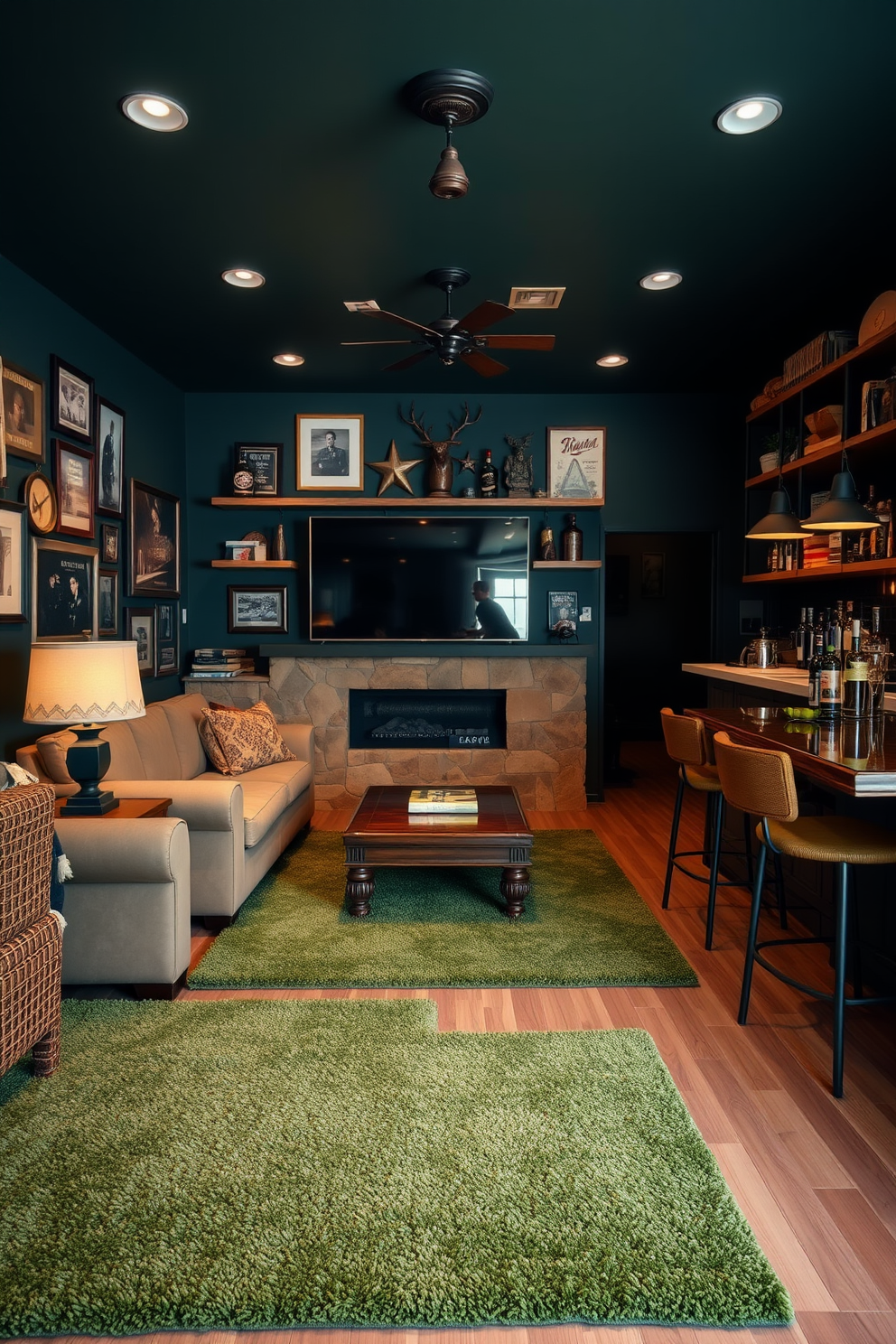 A cozy man cave featuring textured green area rugs that enhance comfort and warmth. The space is adorned with plush seating, a large flat-screen TV, and rustic wooden shelves filled with memorabilia. The walls are painted in a deep forest green, creating a relaxing atmosphere. Ambient lighting fixtures and a stylish bar area complete the inviting design.