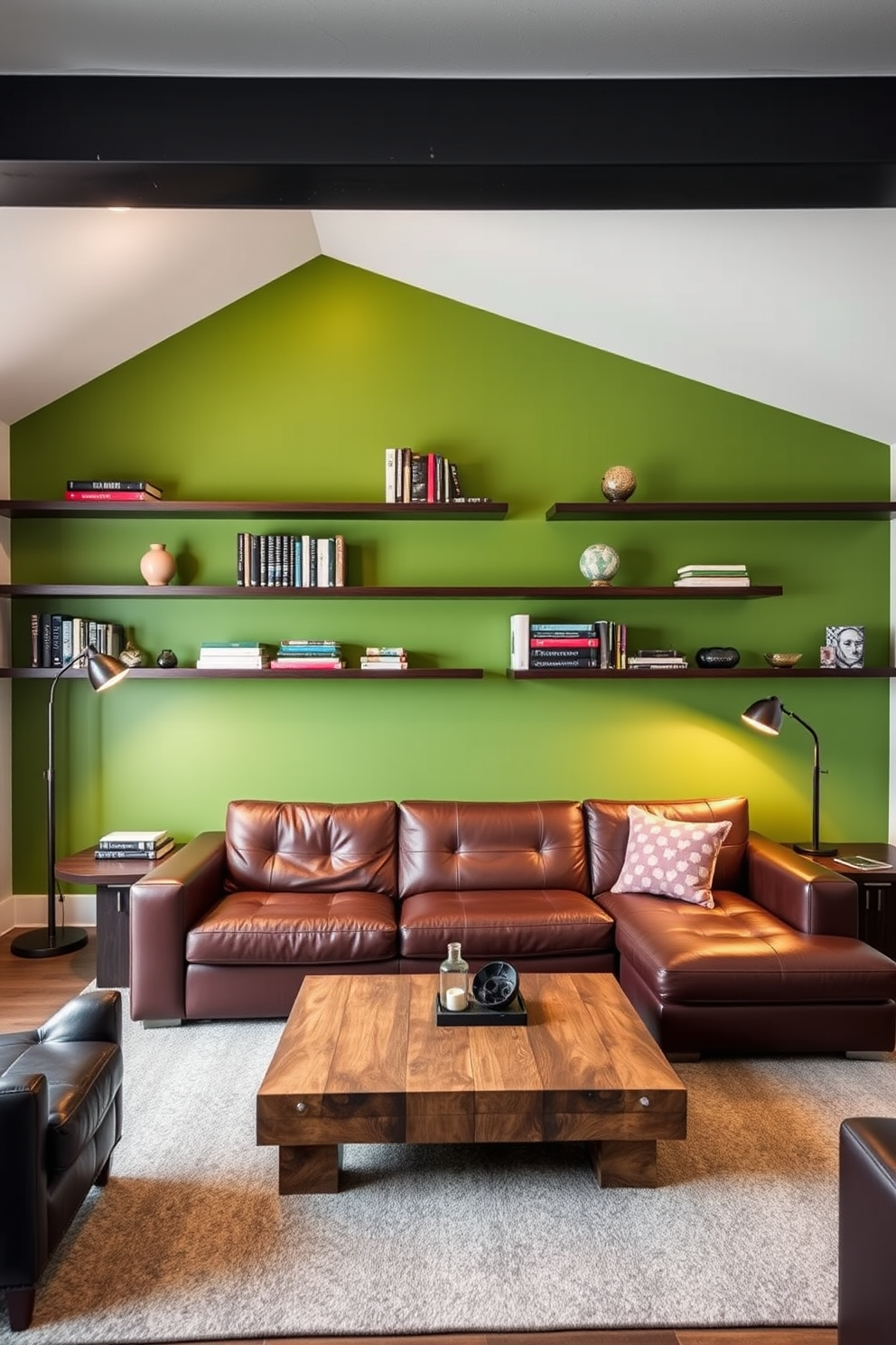 A game table designed for friendly competition sits at the center of the room surrounded by comfortable seating. The walls are adorned with sports memorabilia and the lighting is warm to create an inviting atmosphere. The Green Man Cave features rich green tones throughout, with a plush area rug that complements the color scheme. A large sectional sofa provides ample seating, while shelves display an array of board games and trophies.