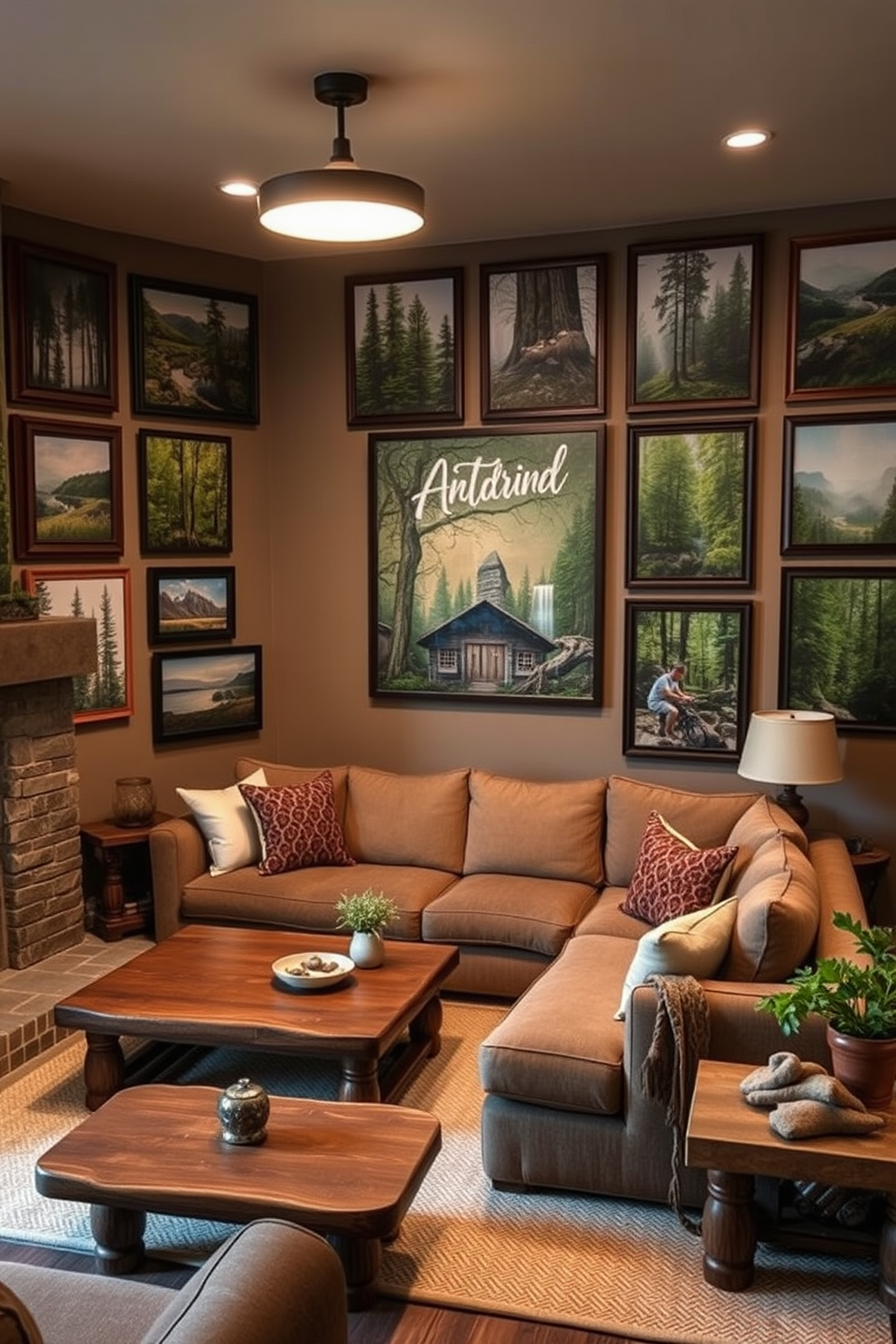 A cozy man cave featuring nature-inspired artwork and decor. The walls are adorned with framed prints of lush forests and serene landscapes, creating a calming atmosphere. A plush sectional sofa in earthy tones is centered in the room, complemented by wooden coffee tables and a stone fireplace. Soft lighting fixtures mimic natural light, enhancing the organic feel of the space.