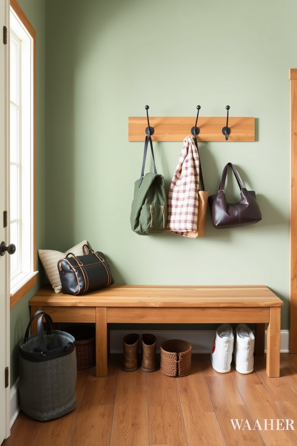 Sage green walls create a calming atmosphere in the mudroom, complemented by natural wood accents that add warmth and texture. A spacious bench made of reclaimed wood sits against the wall, with hooks above for hanging coats and bags, enhancing functionality and style.