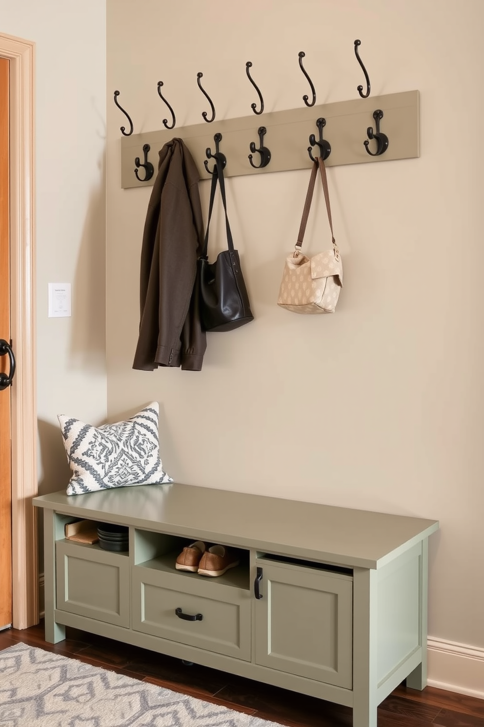 Forest green beadboard paneling creates a warm and inviting atmosphere in the mudroom. The space features built-in benches with plush cushions, and hooks for coats line the walls, complemented by natural light streaming in through a window.