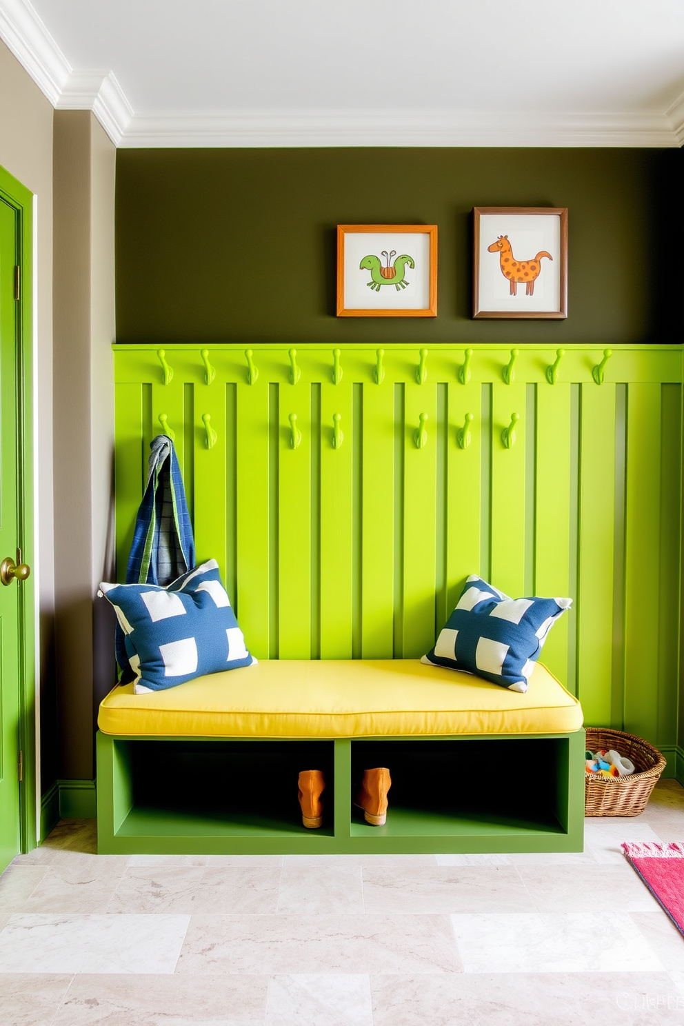 A vibrant mudroom featuring lime green hooks arranged neatly on the wall adds a pop of color. The walls are adorned with playful wall art that complements the lively atmosphere of the space. The flooring is a durable tile in a neutral tone, providing a practical yet stylish foundation. A built-in bench with storage underneath invites relaxation and organization in this functional area.