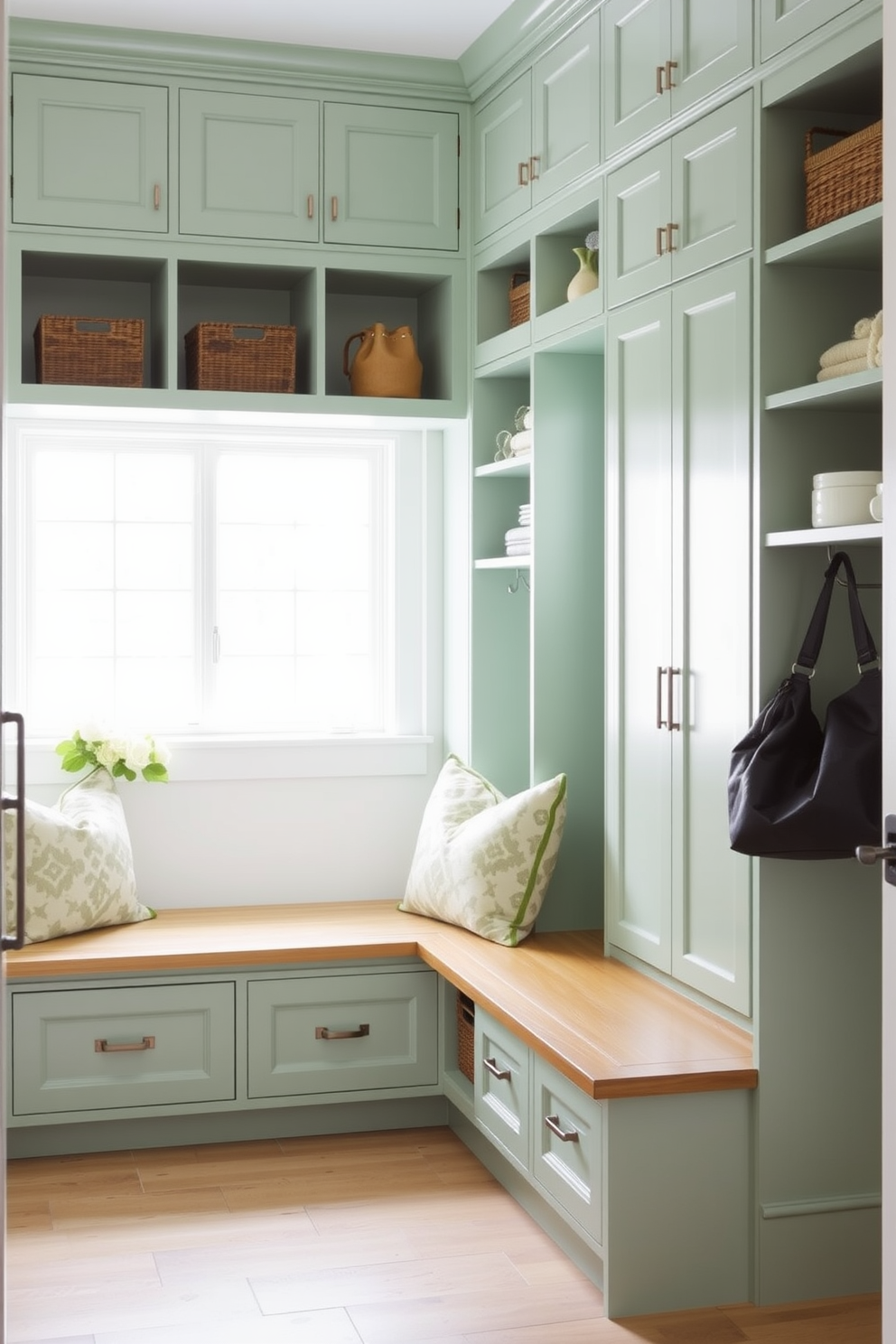 Seafoam green cabinets with open shelving create a fresh and inviting atmosphere in the mudroom. The space features a bench for seating, with hooks above for hanging coats and bags, and natural light floods in from a nearby window.