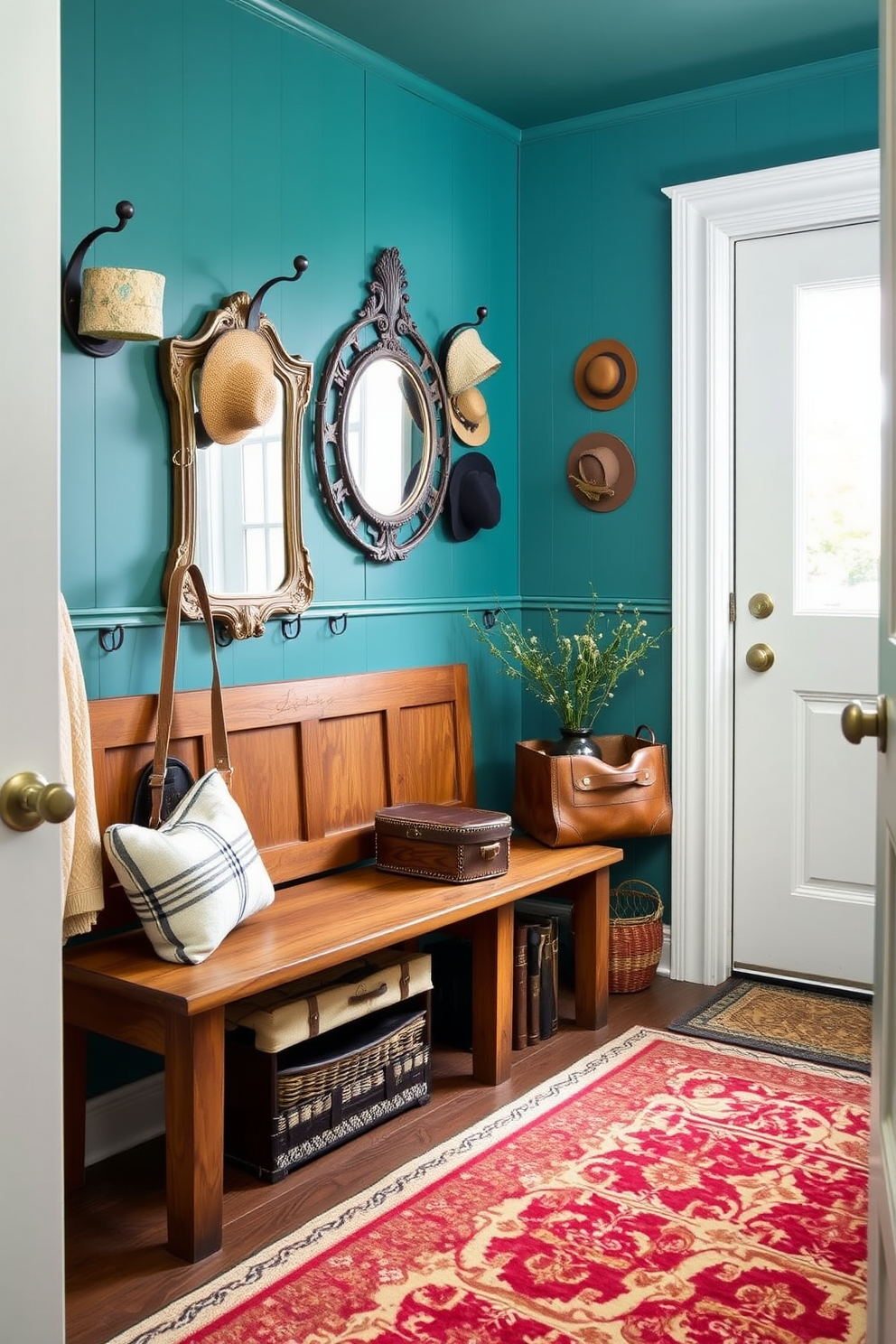 A cozy teal mudroom features vintage decor pieces that add charm and character. The walls are painted in a rich teal hue, complemented by a rustic wooden bench and hooks for hanging coats and bags. Decorative elements include an antique mirror and a collection of vintage hats displayed on the wall. The floor is adorned with a patterned area rug that brings warmth and texture to the space.