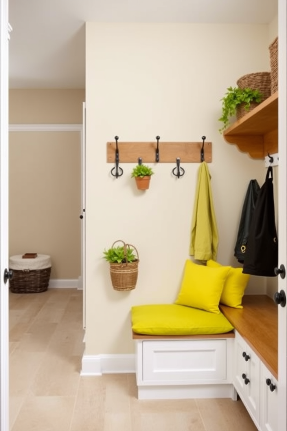 A vibrant mudroom featuring lime green storage bins neatly organized for children's items. The walls are painted in a soft neutral tone, and a durable bench with hooks above provides a functional yet stylish entryway.