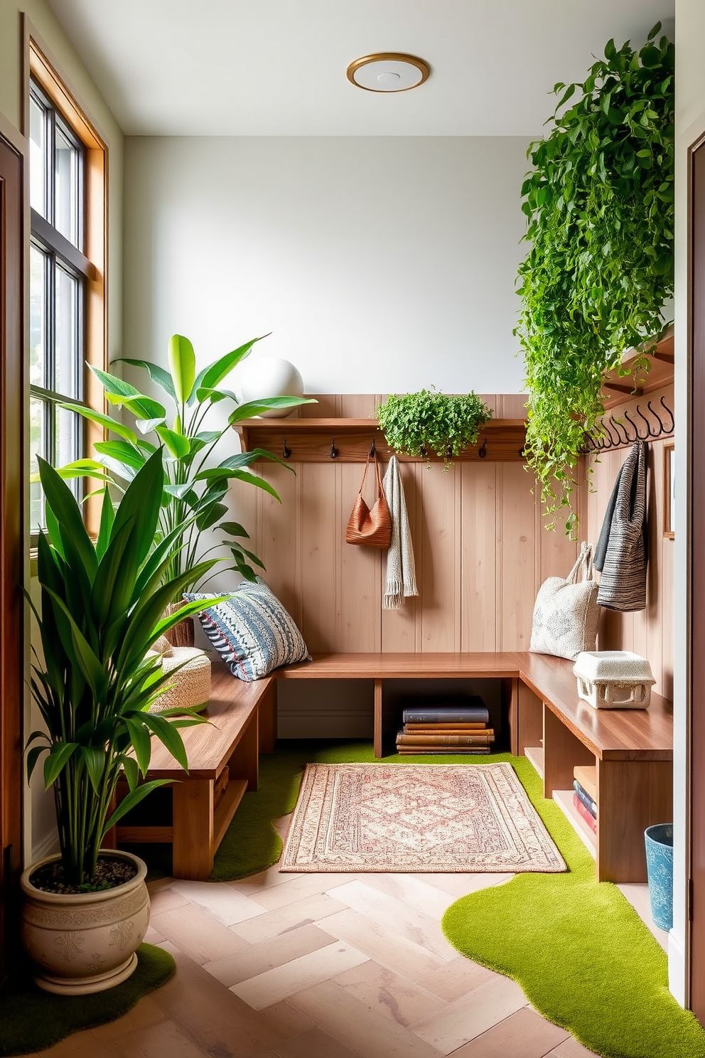 A moss green entryway welcomes guests with a sense of tranquility. Lush plants are strategically placed in corners, adding life and freshness to the space. The mudroom features functional storage solutions with built-in benches and hooks. Earthy tones and natural materials create a warm and inviting atmosphere.