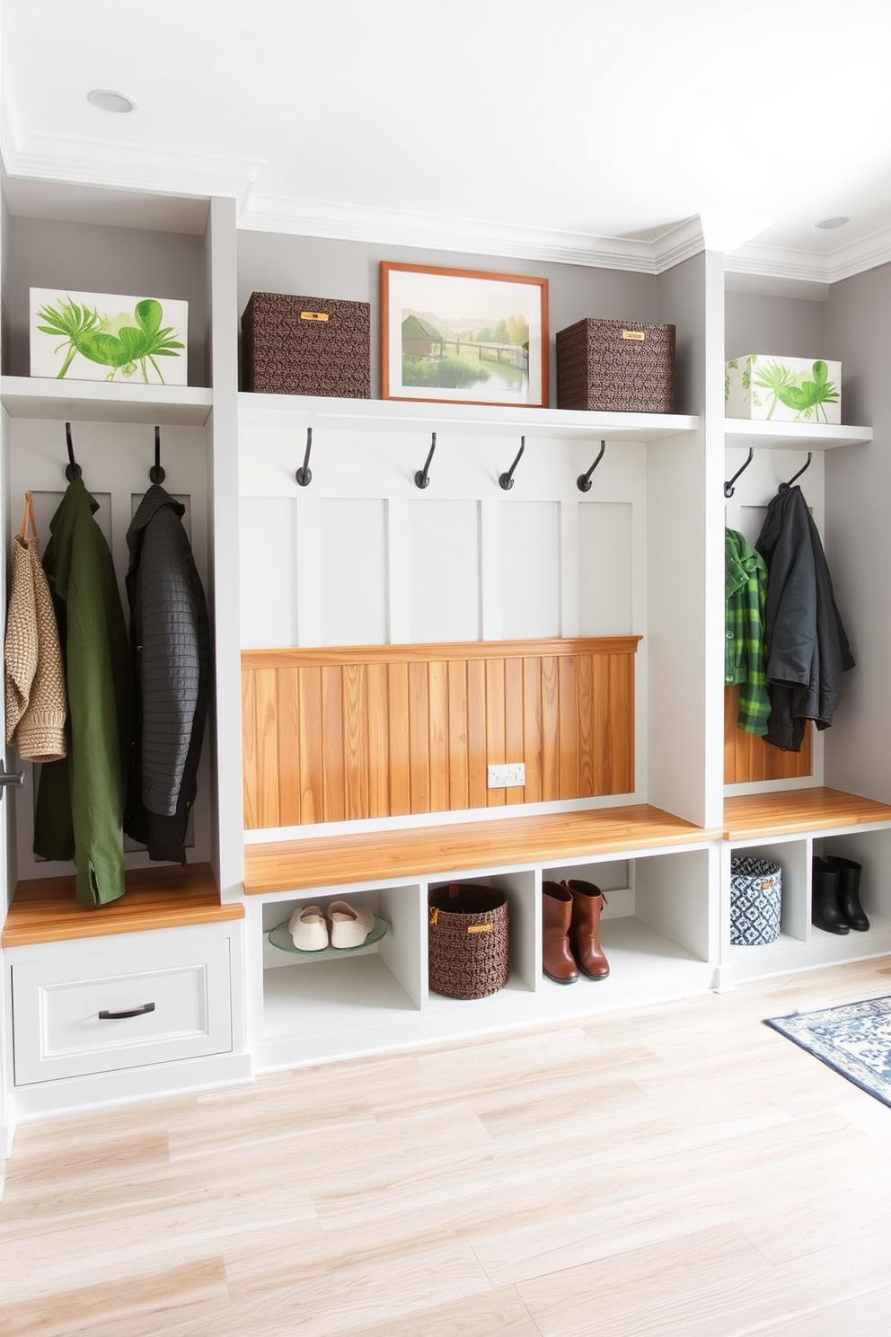 A welcoming mudroom featuring dove grey walls accented with vibrant green details. The space includes built-in wooden benches with storage underneath and hooks for coats, creating an organized and stylish entryway.