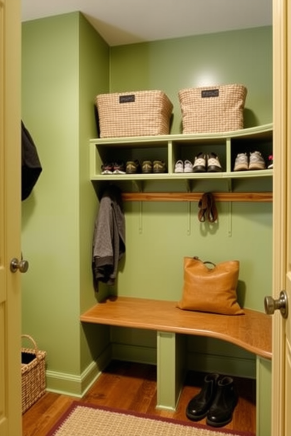 A serene green mudroom featuring bamboo shelving that provides ample storage for shoes and outdoor gear. The walls are painted in a soft green hue, and a woven rug adds a touch of warmth to the space.