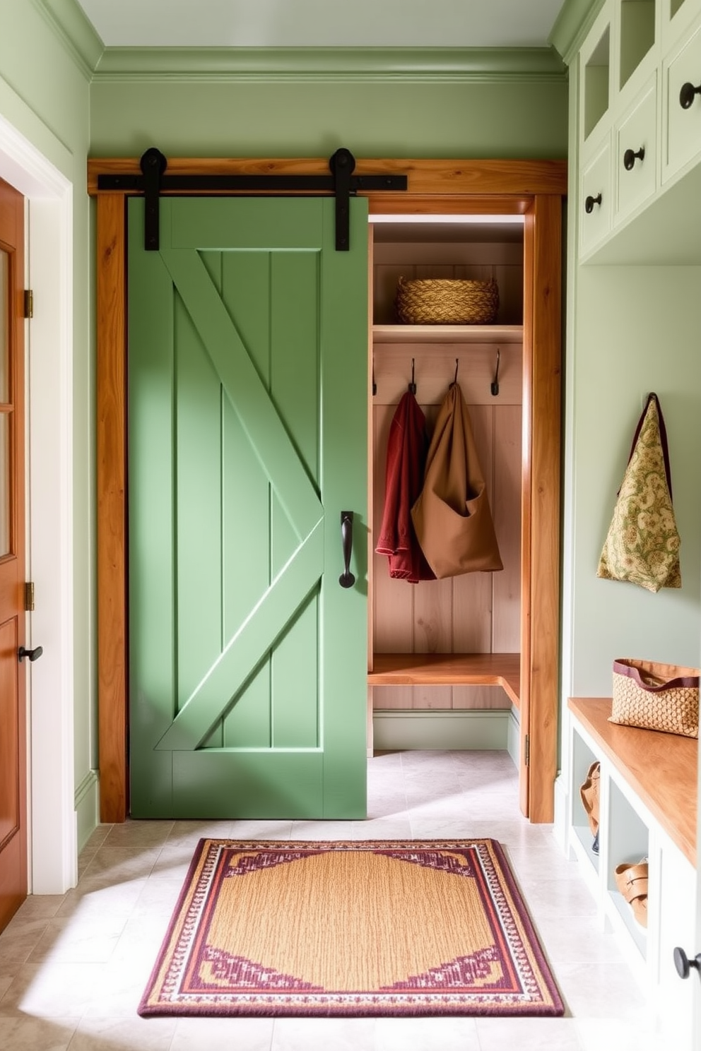 A green sliding barn door serves as a striking entryway feature, adding a rustic charm to the space. The door is complemented by warm wooden accents and a welcoming entry mat. The mudroom is designed with functional storage solutions, featuring built-in benches and hooks for coats. Soft green hues and natural light create an inviting atmosphere, perfect for transitioning from the outdoors.