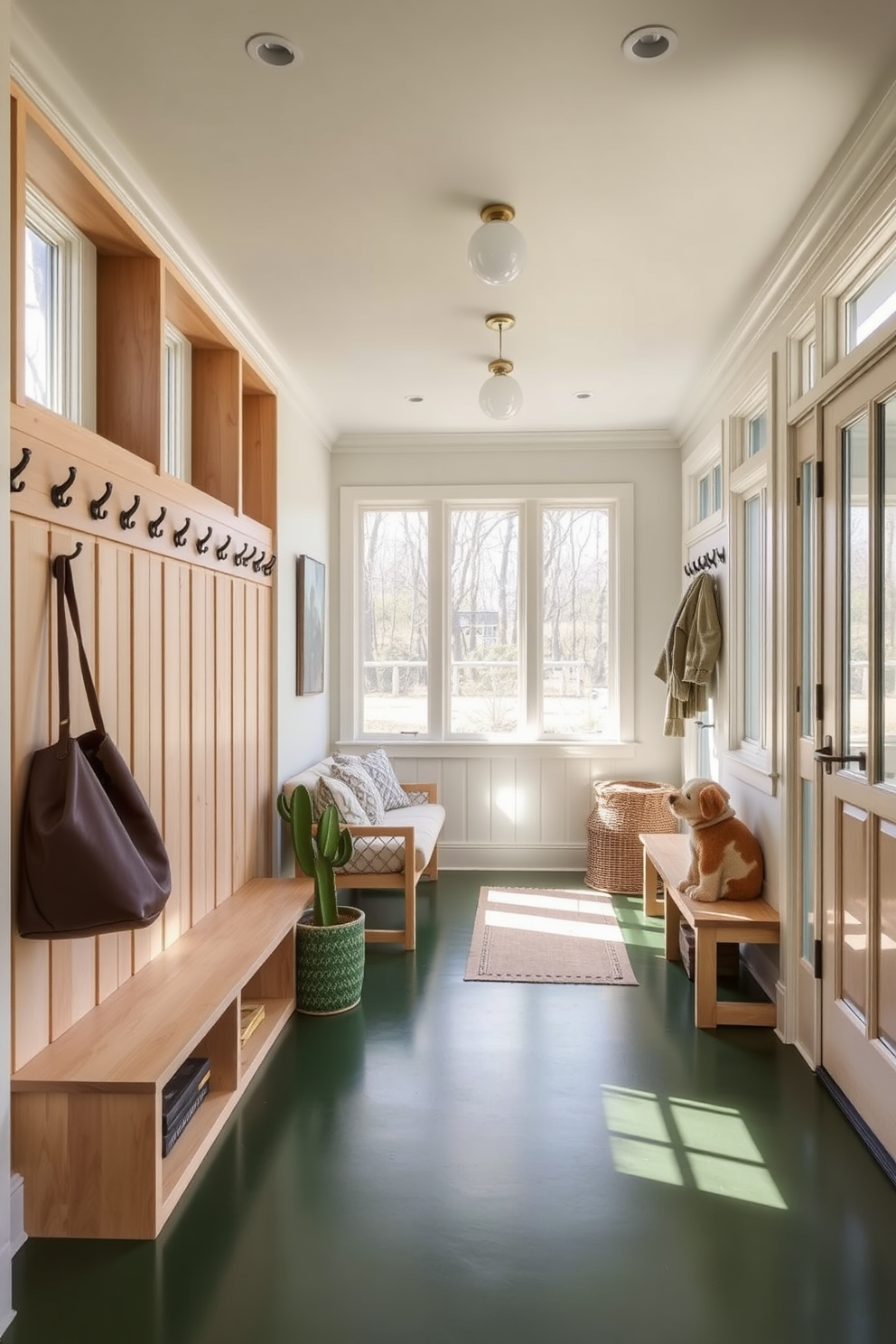 A bright mudroom filled with natural light. The flooring is a rich cactus green, complemented by light wood accents throughout the space. Cozy seating is arranged near the entrance, with hooks for coats and bags lining the walls. Large windows allow sunlight to stream in, creating a welcoming atmosphere.