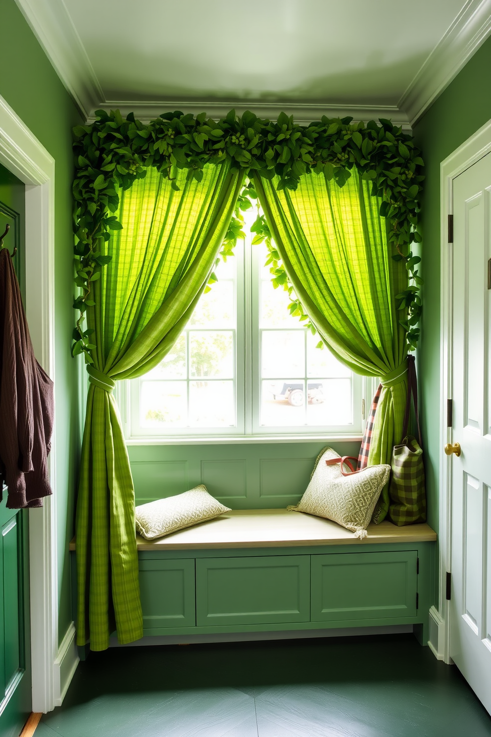 Green glass jars for small items. These jars are arranged on a wooden shelf, showcasing various decorative elements and natural textures. Green mudroom design ideas. The space features a built-in bench with storage underneath, surrounded by hooks for coats and bags, all accented by a soothing green color palette.