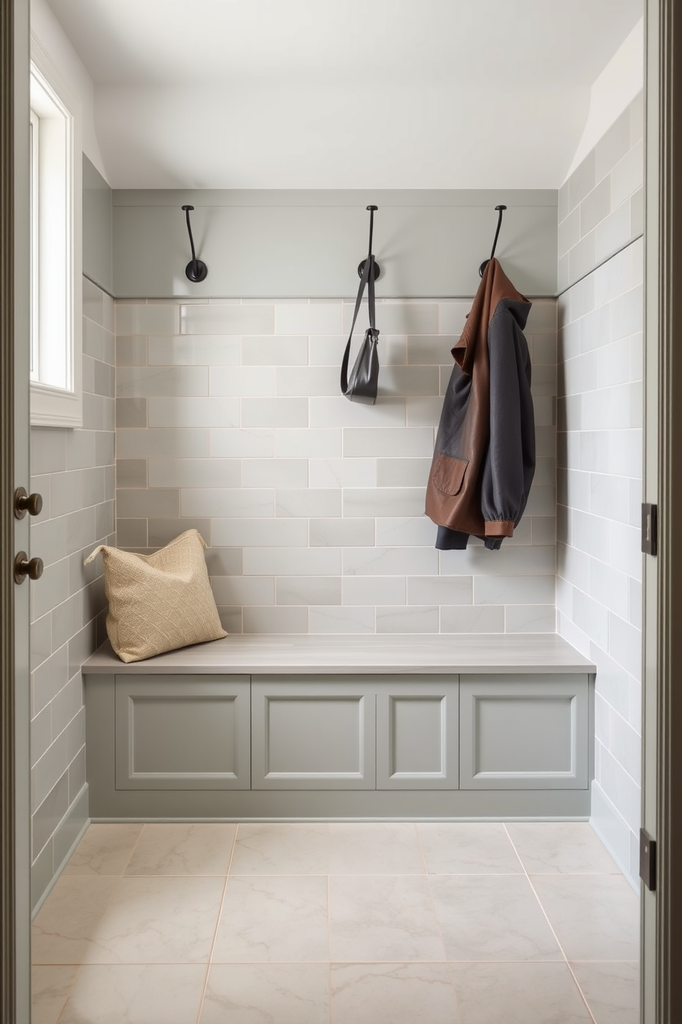 A serene mudroom features soft sage green tiles with subtle grout lines that create a calming atmosphere. The space is adorned with a built-in bench, perfect for sitting, and hooks above for hanging coats and bags.