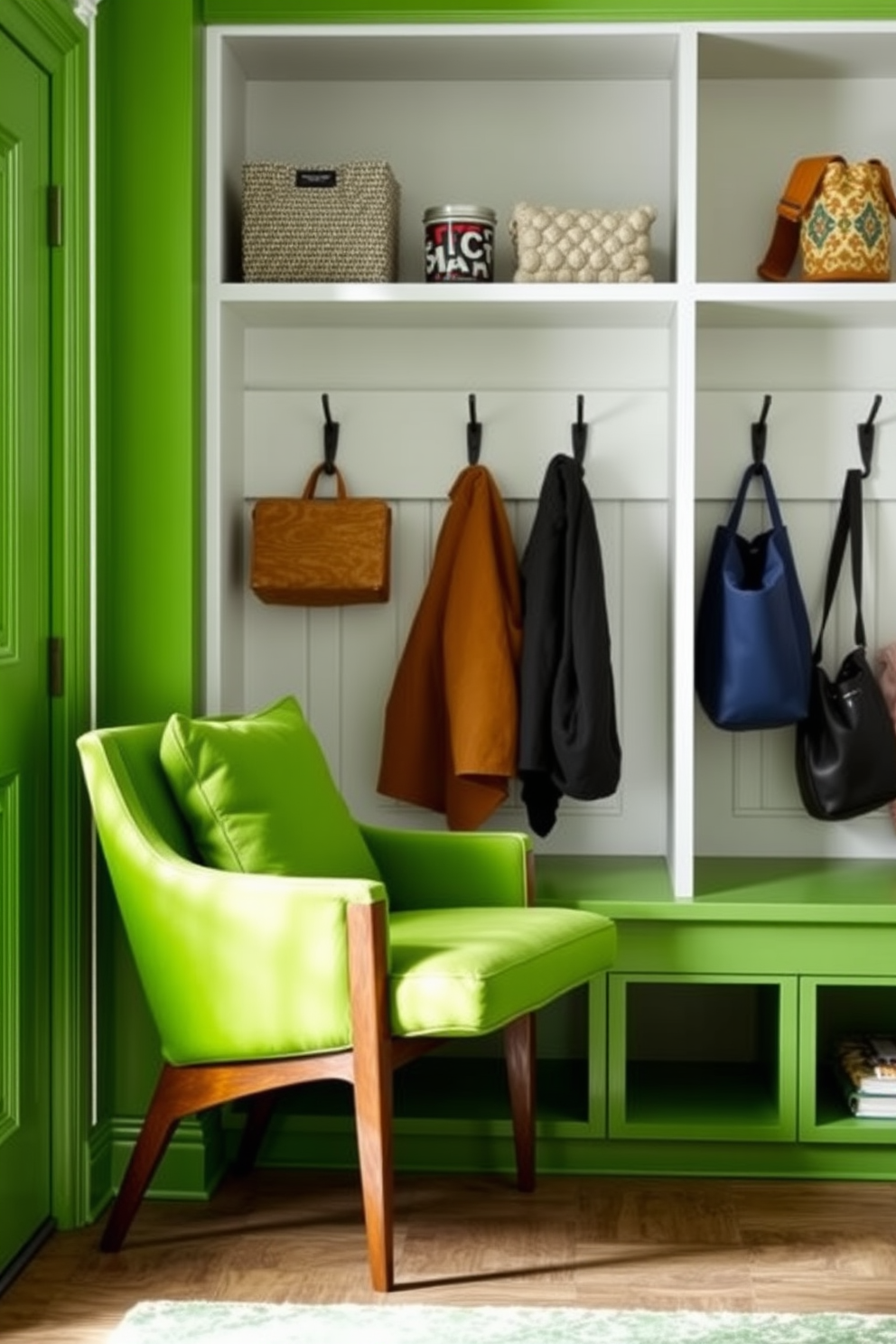 Bright green accent chair for comfort. The chair features plush cushions and sleek wooden legs, creating a cozy yet modern look for any living space. Green mudroom design ideas. The space includes built-in benches with storage underneath, and the walls are adorned with hooks for coats and bags, all complemented by a vibrant green color palette.