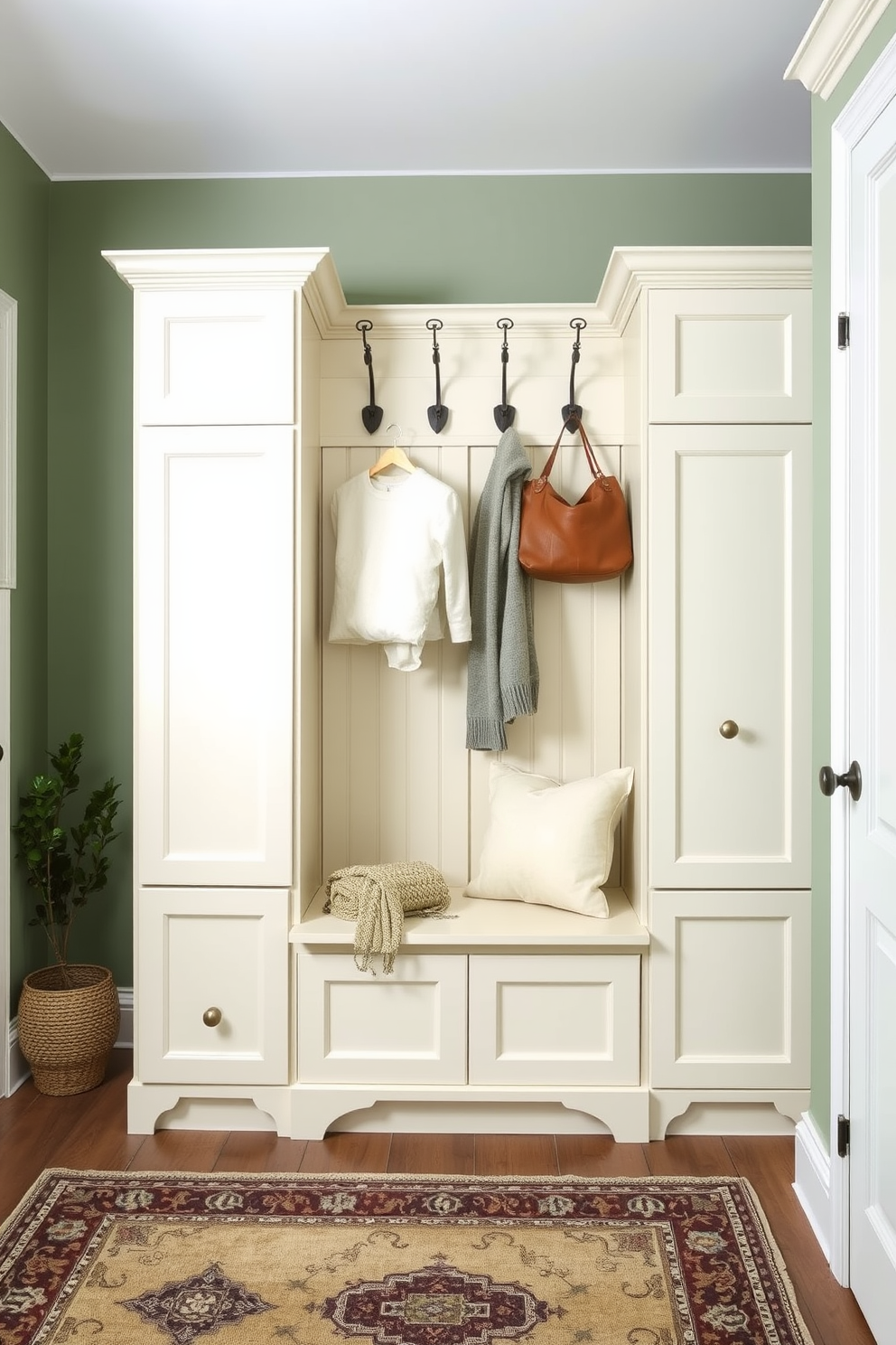 A serene mudroom designed in a muted green and cream color palette. The walls are painted a soft muted green, complemented by cream cabinetry featuring elegant hardware. A built-in bench with plush cream cushions provides a cozy seating area. Decorative hooks line the wall above for hanging coats and bags, while a stylish area rug adds warmth to the floor.