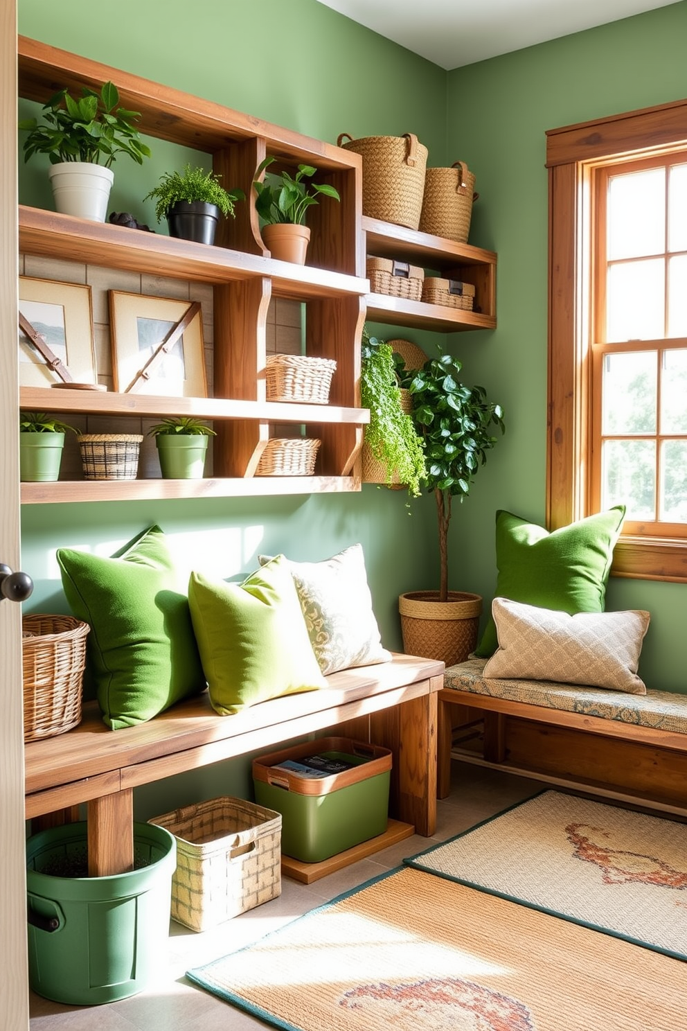 A stylish mudroom featuring dark green walls adorned with gold accents. The space includes a built-in bench with plush seating and hooks for coats, complemented by a decorative gold-framed mirror above the bench.