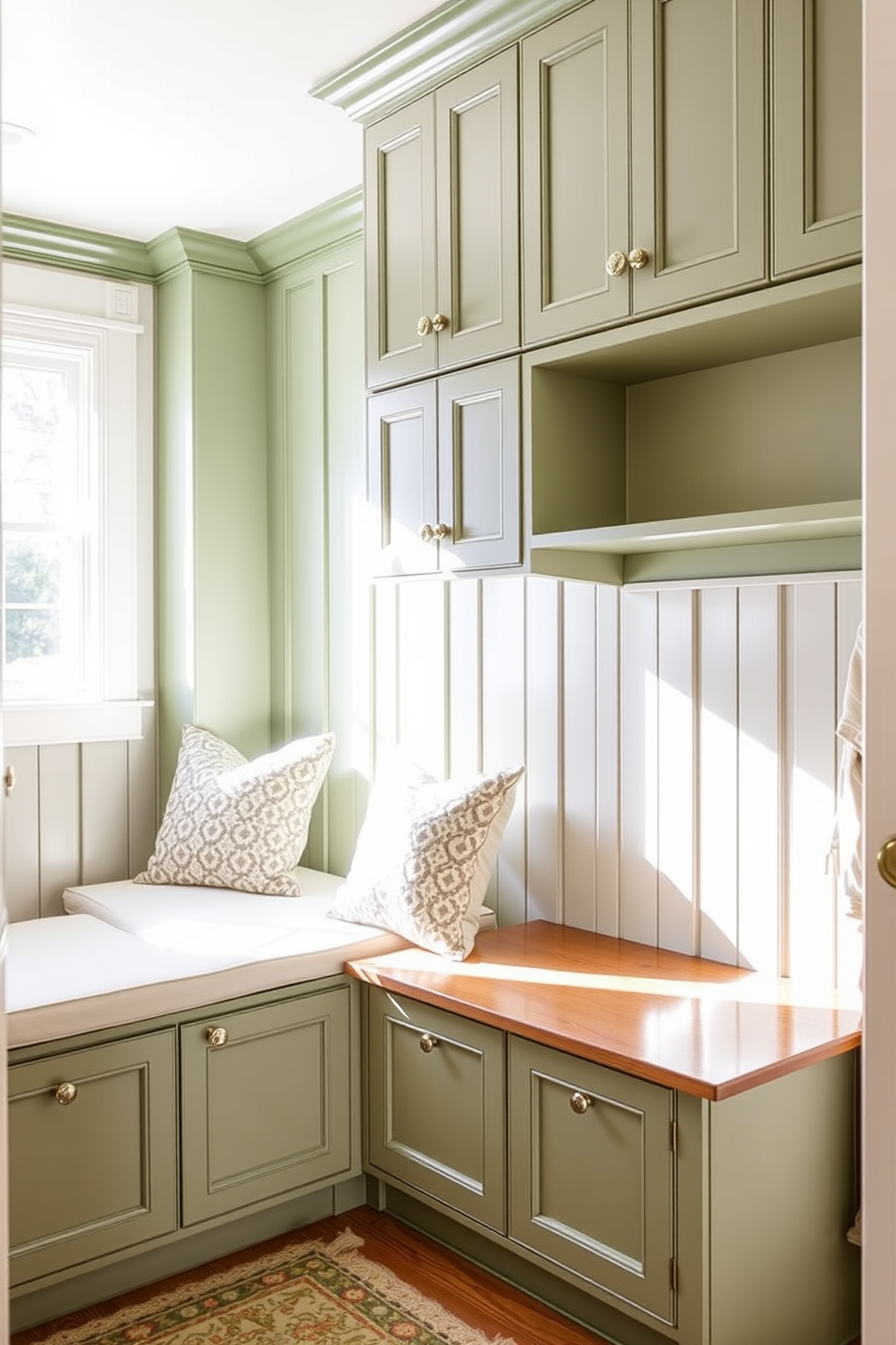 A welcoming mudroom design featuring soft green curtains that allow natural light to filter in gently. The space includes a built-in bench with storage underneath, surrounded by hooks for coats and bags, all accented with earthy tones and textures.