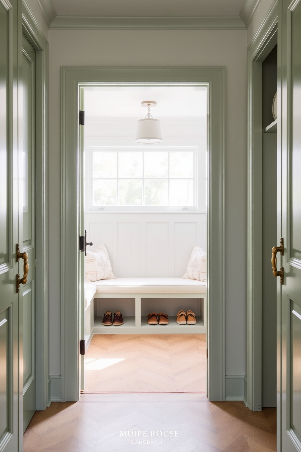 Pastel green doors with elegant handles open into a bright and airy mudroom. The space features built-in benches with soft cushions and ample storage for shoes and outdoor gear.