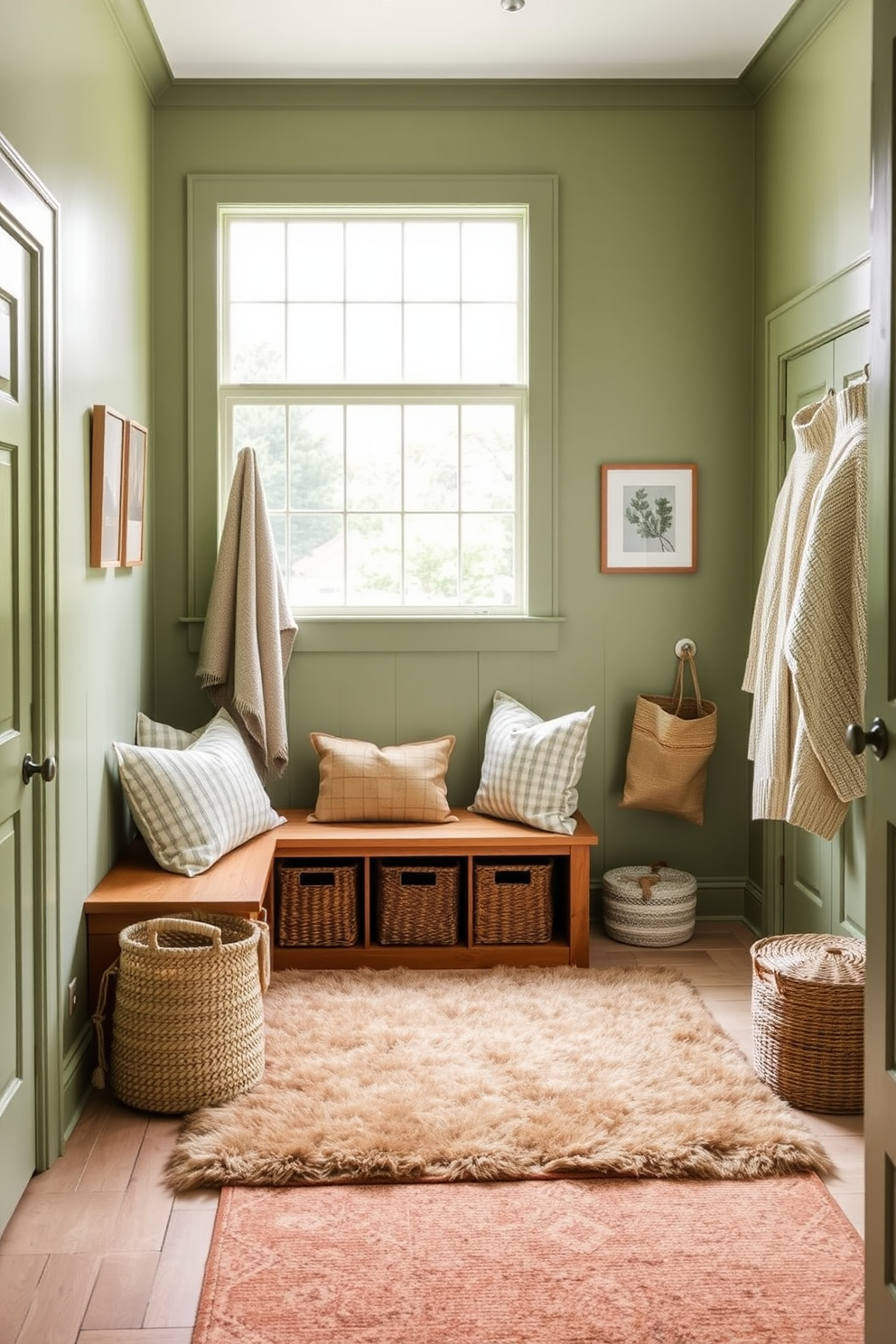 A warm green mudroom filled with cozy textiles creates an inviting atmosphere. The walls are painted in a soft sage green, complemented by a plush area rug in earthy tones. Wooden benches with comfortable cushions provide seating, while woven baskets for storage add a touch of organization. Natural light floods the space through a large window, enhancing the warm and welcoming feel.