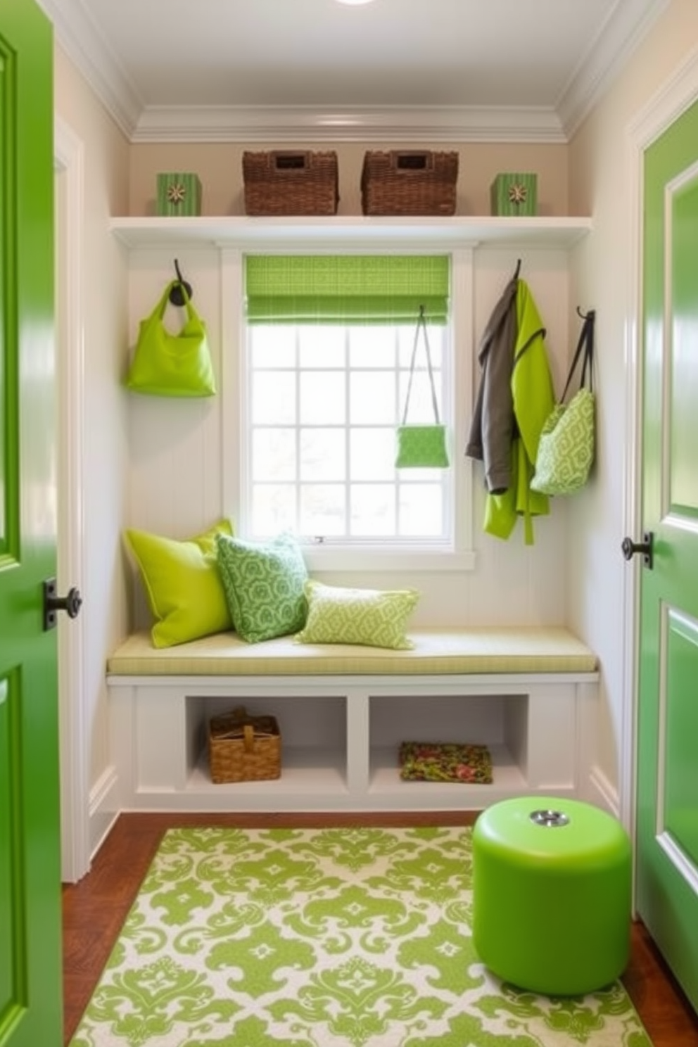 Bright green accessories bring a vibrant pop to a mudroom designed for functionality and style. The space features a built-in bench with storage underneath, complemented by bright green cushions and decorative hooks for coats and bags. The walls are painted in a soft neutral tone to allow the green accents to stand out. A patterned rug in shades of green and white adds warmth and character to the floor, creating an inviting atmosphere.