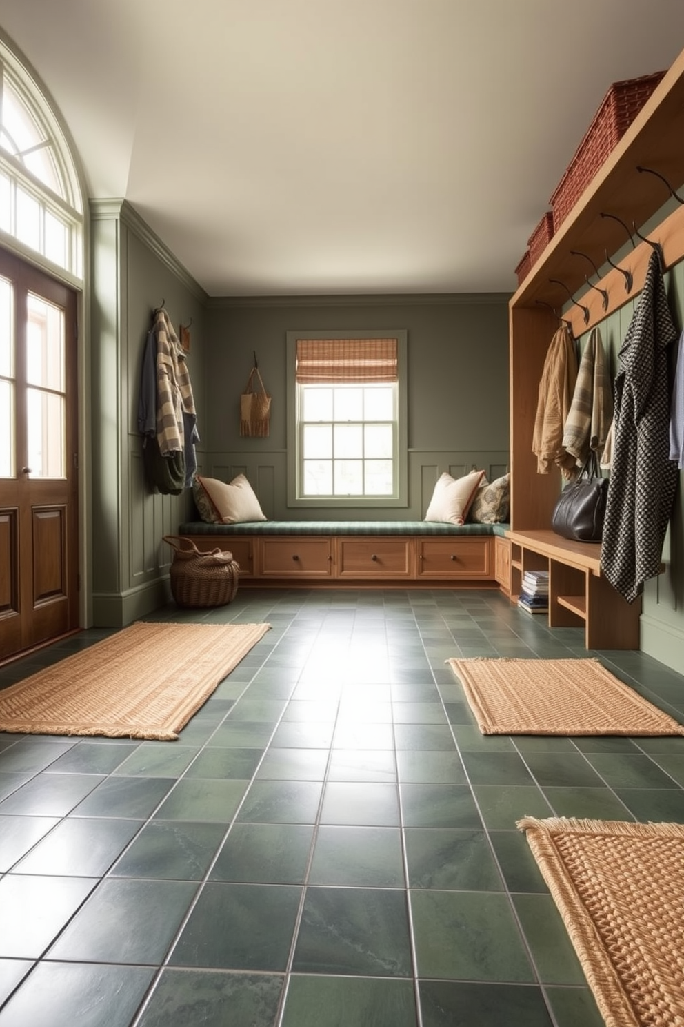 A mint green mudroom features a row of wicker baskets neatly arranged on a wooden shelf for storage. The walls are painted in a soft mint green hue, creating a fresh and inviting atmosphere.