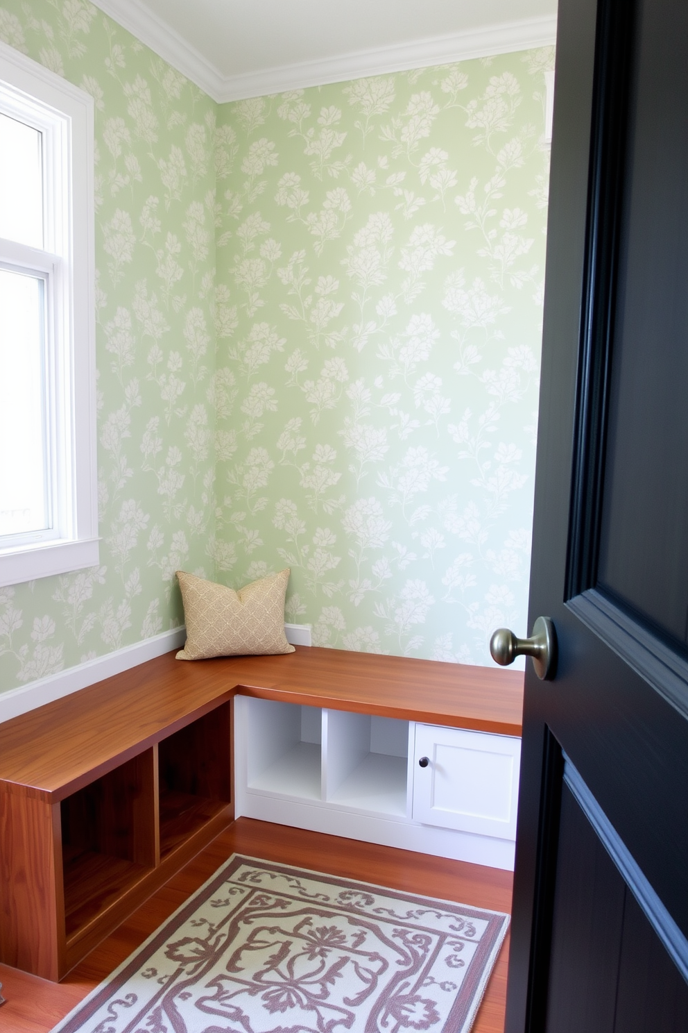 A welcoming mudroom featuring soft green wallpaper adorned with delicate floral patterns. The space includes built-in wooden benches and cubbies for storage, complemented by a patterned area rug on the floor.