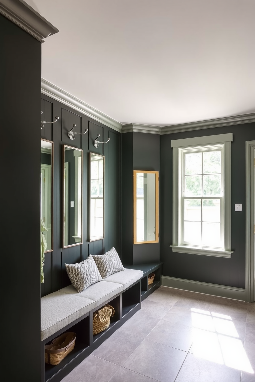 Light green tile flooring with geometric patterns creates a fresh and inviting atmosphere. The mudroom features built-in benches with storage underneath, complemented by hooks for coats and bags.