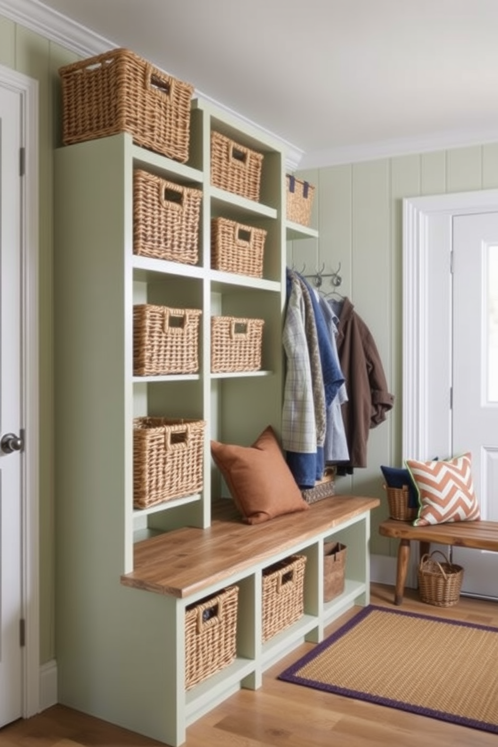 A stylish mudroom featuring sage green painted shelves for organization. The shelves are filled with neatly arranged baskets and decorative items, creating a functional yet inviting space.