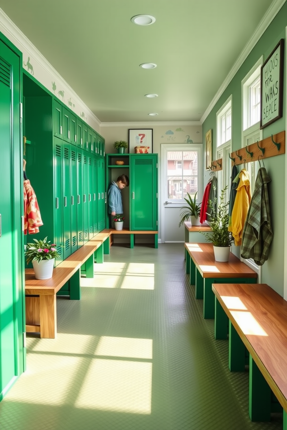 Emerald green lockers line the walls of a bright and airy mudroom, providing ample storage for children's gear and accessories. The space features a durable, textured floor and playful wall art, creating a welcoming atmosphere for kids to gather and organize their belongings. The mudroom is accented with natural wood benches and hooks for coats, while large windows allow sunlight to fill the room. Potted plants add a touch of greenery, enhancing the vibrant emerald theme throughout the design.