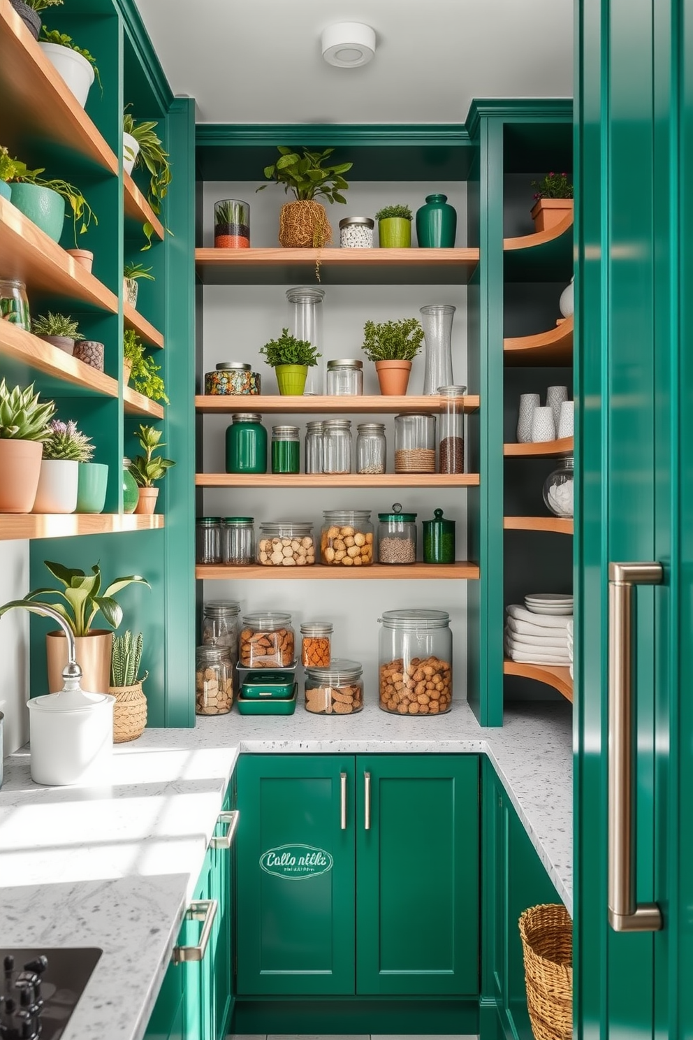 Open shelving adorned with vibrant green accents creates a fresh and inviting atmosphere. The shelves are filled with an assortment of plants, glass jars, and decorative kitchenware, seamlessly blending functionality with style. A green pantry design features rich emerald cabinetry that complements the open shelving. The space is illuminated by natural light, highlighting the organized arrangement of pantry items and adding a touch of elegance to the overall design.