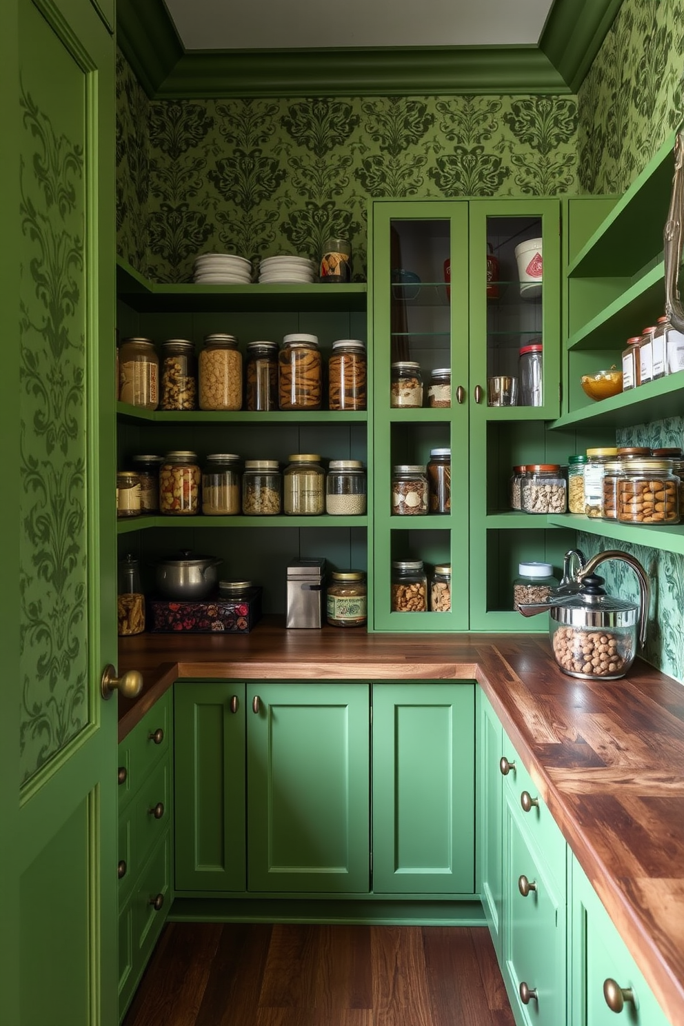 A compact green pantry featuring pull-out drawers for easy access to stored items. The cabinetry is a vibrant shade of green, complemented by sleek brass handles and open shelving for decorative storage.