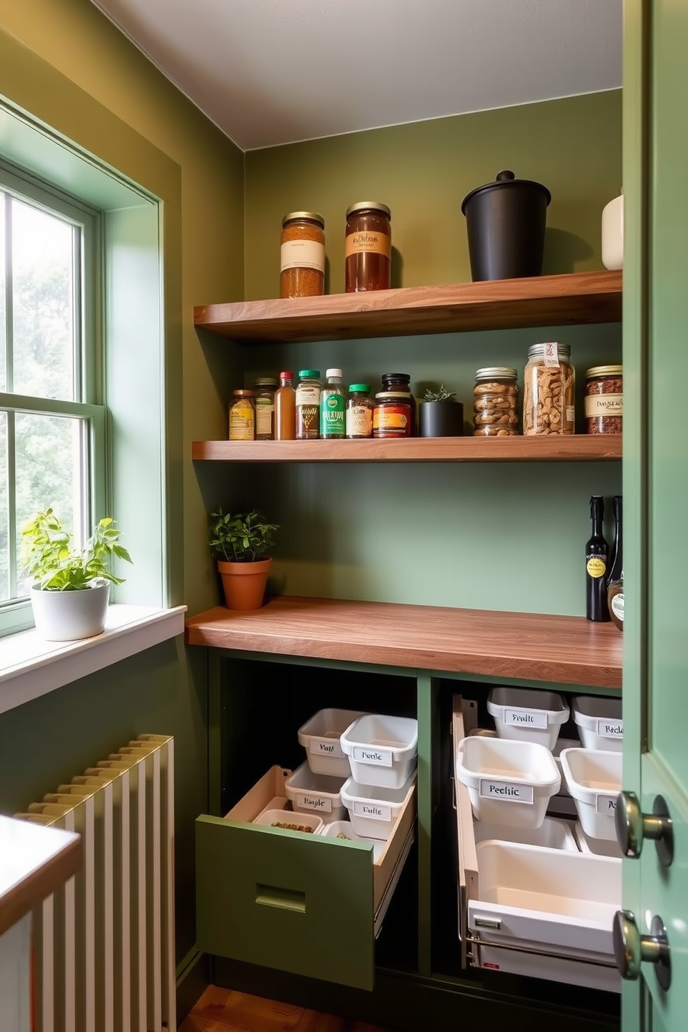 A compact green pantry with clever storage solutions. The walls are painted in a soft green hue, complemented by open shelving made from reclaimed wood to display jars and spices. A pull-out drawer system maximizes space, featuring labeled containers for easy organization. A small herb garden sits on the windowsill, adding a touch of freshness and accessibility to your cooking ingredients.