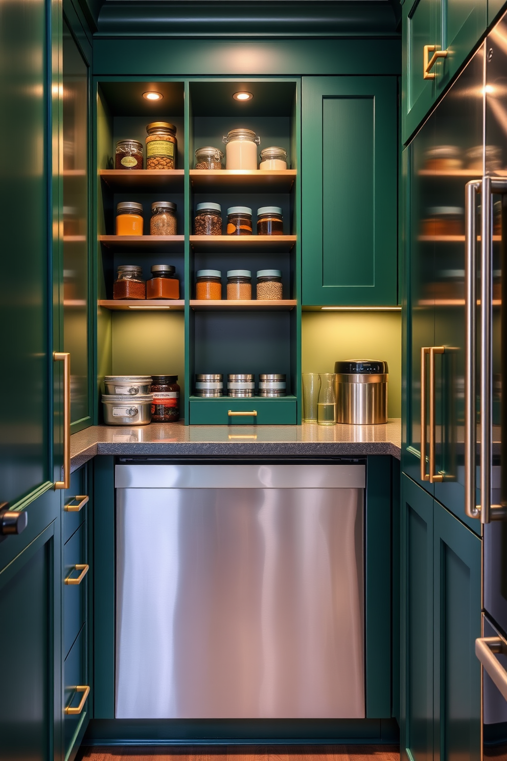 A sleek green pantry features metallic finishes that enhance its modern aesthetic. The cabinetry is a rich emerald green with brushed gold handles, creating a striking contrast against the polished stainless steel appliances. Open shelving displays neatly organized jars and kitchenware, adding both functionality and style. The lighting is soft and warm, highlighting the pantry's elegant design while creating an inviting atmosphere.