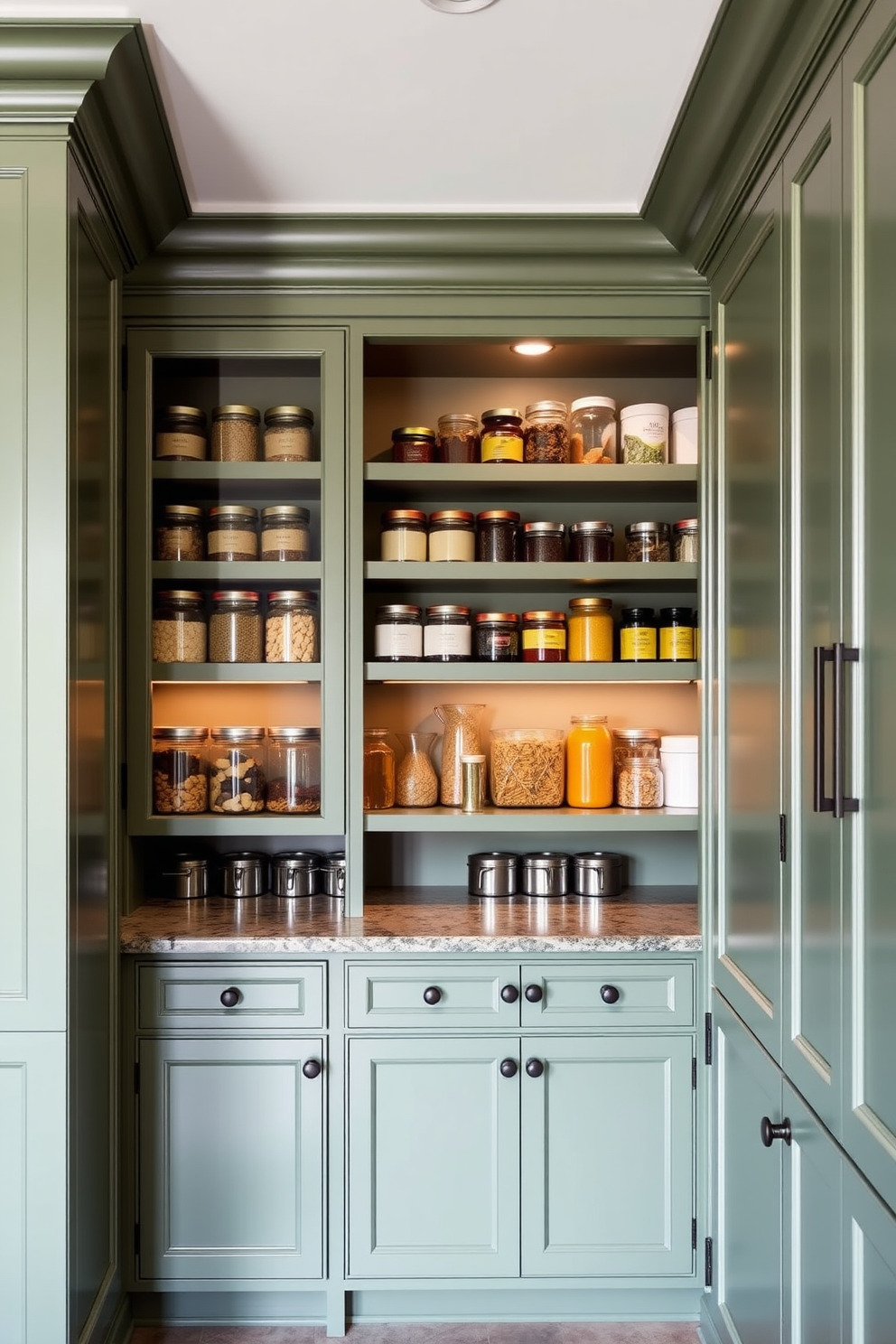 Elegant green cabinetry with soft lighting. The pantry features built-in shelves filled with neatly organized jars and containers, creating a harmonious and functional space.