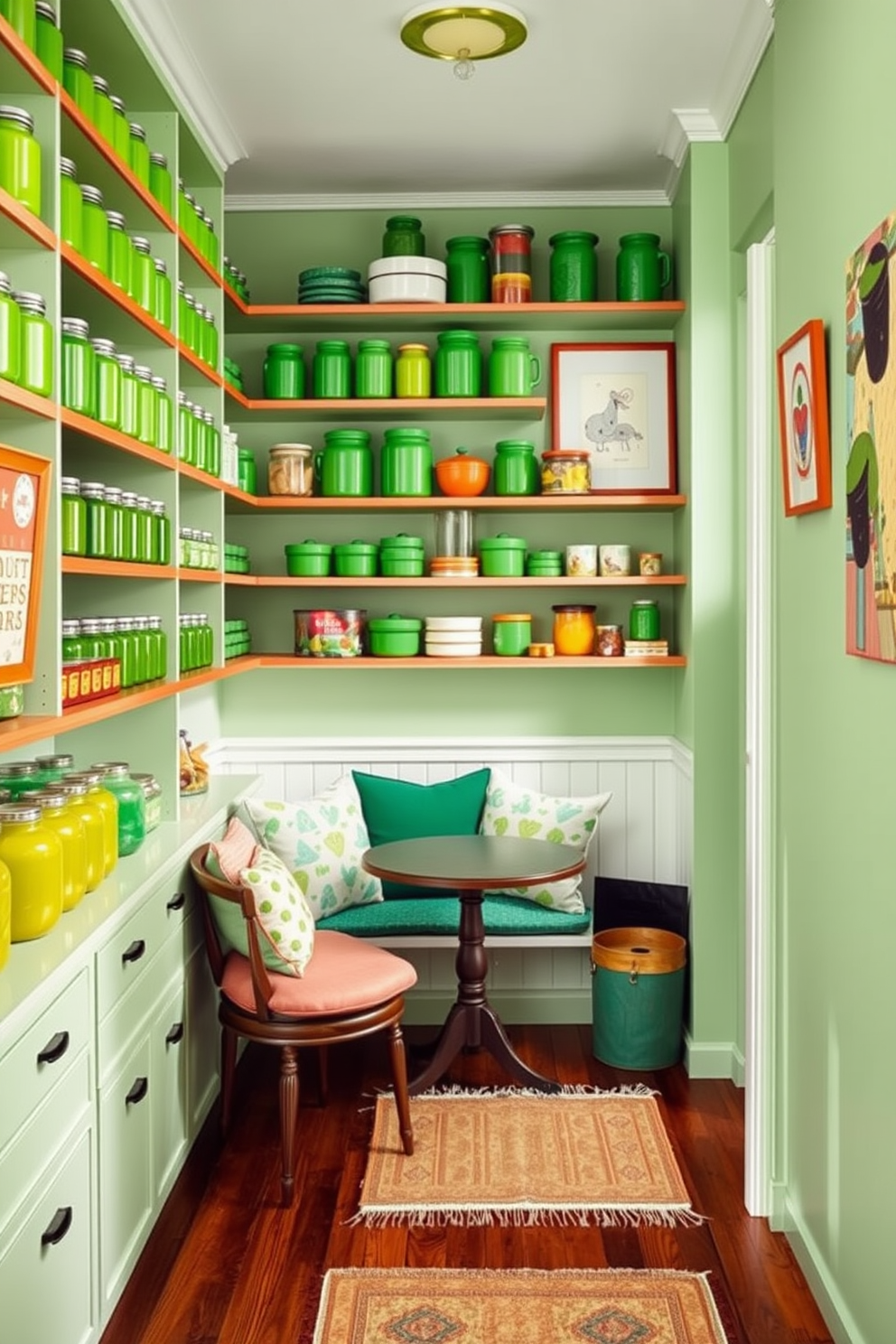 A whimsical pantry filled with playful green decor. The shelves are lined with vibrant green jars and containers, creating a cheerful atmosphere. A cozy seating nook is nestled in one corner, adorned with colorful cushions and a small round table. The walls are painted in a soft mint green, and whimsical artwork adds a touch of fun to the space.