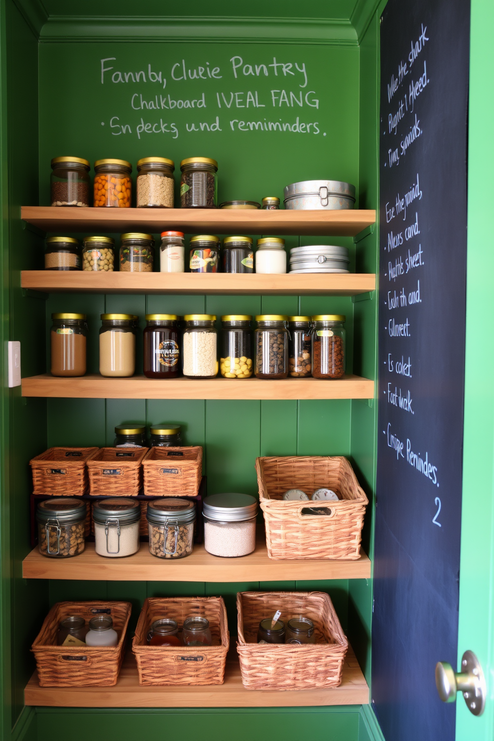 A vibrant green pantry features a chalkboard wall that allows for easy note-taking and recipe reminders. Shelves made of reclaimed wood are filled with neatly organized jars and baskets, creating a rustic yet functional space.