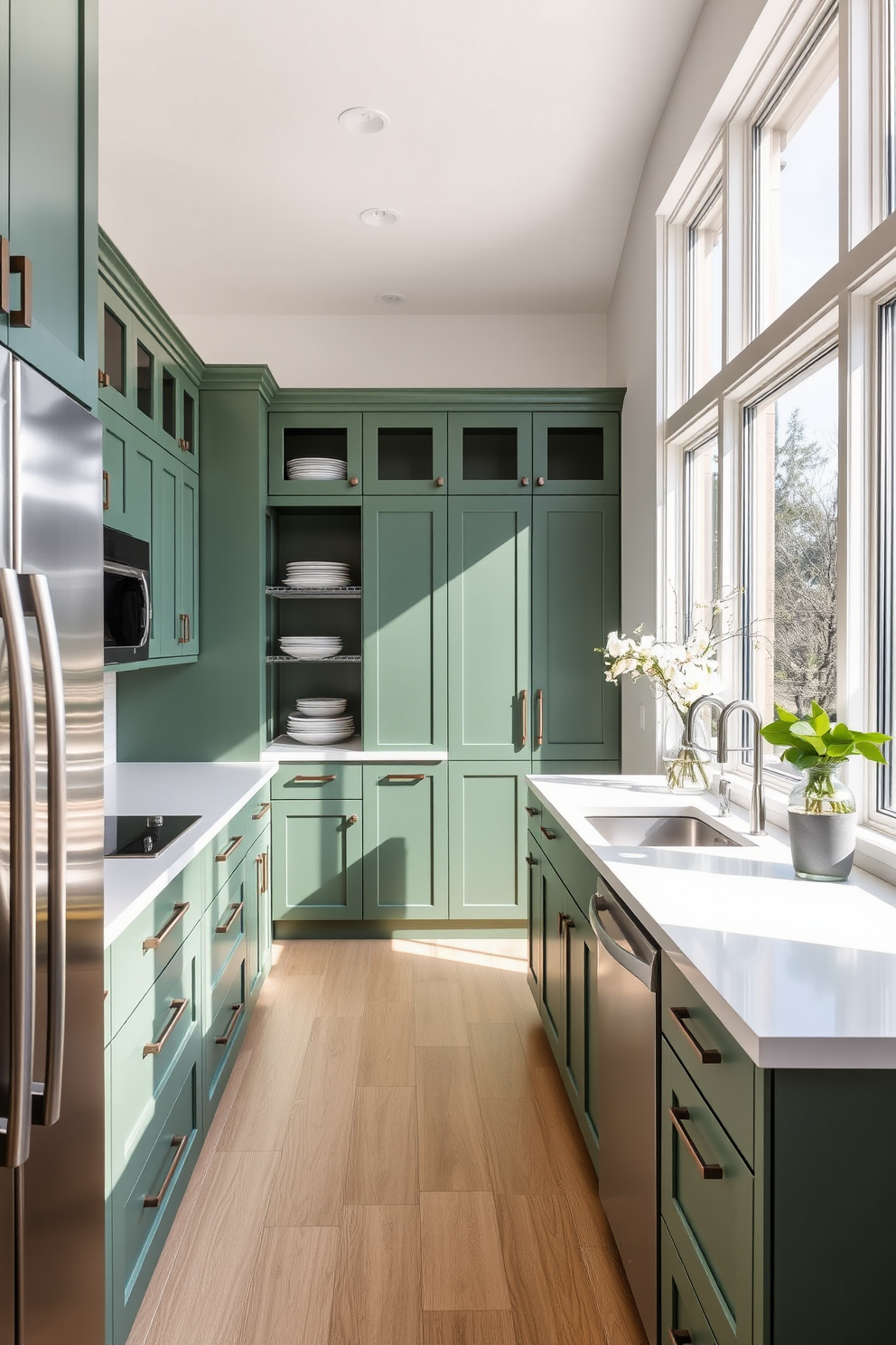 A contemporary pantry with an open layout featuring green cabinetry and sleek stainless steel appliances. The countertops are made of white quartz, and natural light floods the space through large windows, enhancing the fresh and inviting atmosphere.