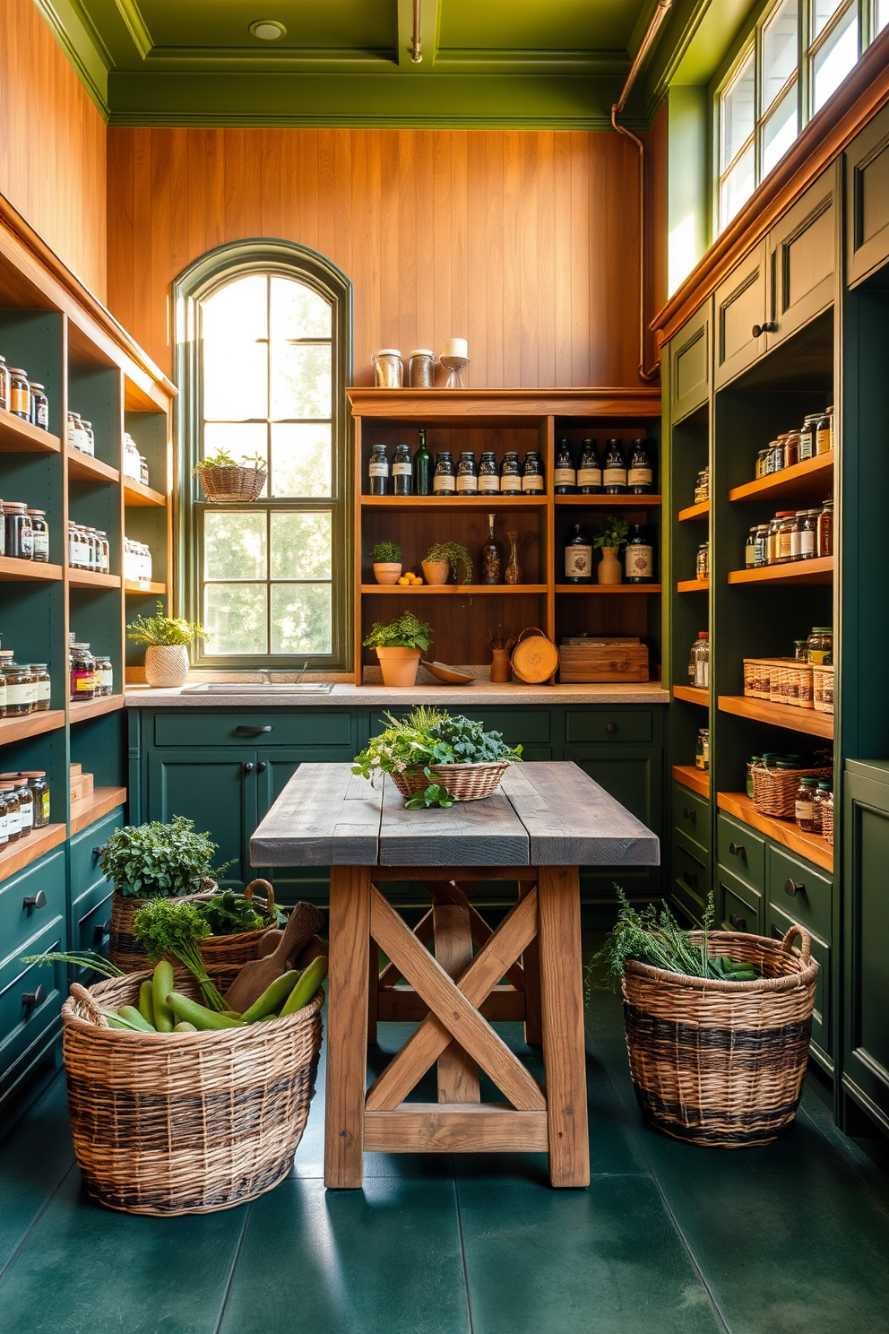 A warm and inviting pantry featuring earthy green tones throughout the space. The walls are adorned with rich green cabinetry complemented by wooden shelves that showcase an array of jars and spices. Natural light floods in through a large window, illuminating the space and highlighting the organic textures. A rustic wooden table sits in the center, surrounded by woven baskets filled with fresh produce and herbs.