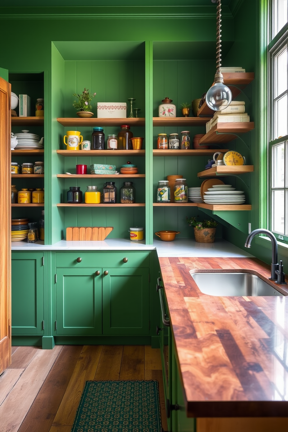 An eclectic green pantry features a combination of open shelving and closed cabinetry showcasing a mix of vintage and modern elements. The walls are painted in a vibrant green hue, while the countertops are a mix of reclaimed wood and sleek marble, creating a unique and inviting atmosphere. Decorative jars and colorful dishware are artfully arranged on the shelves, adding personality to the space. A large window allows natural light to flood in, enhancing the rich colors and textures throughout the pantry.