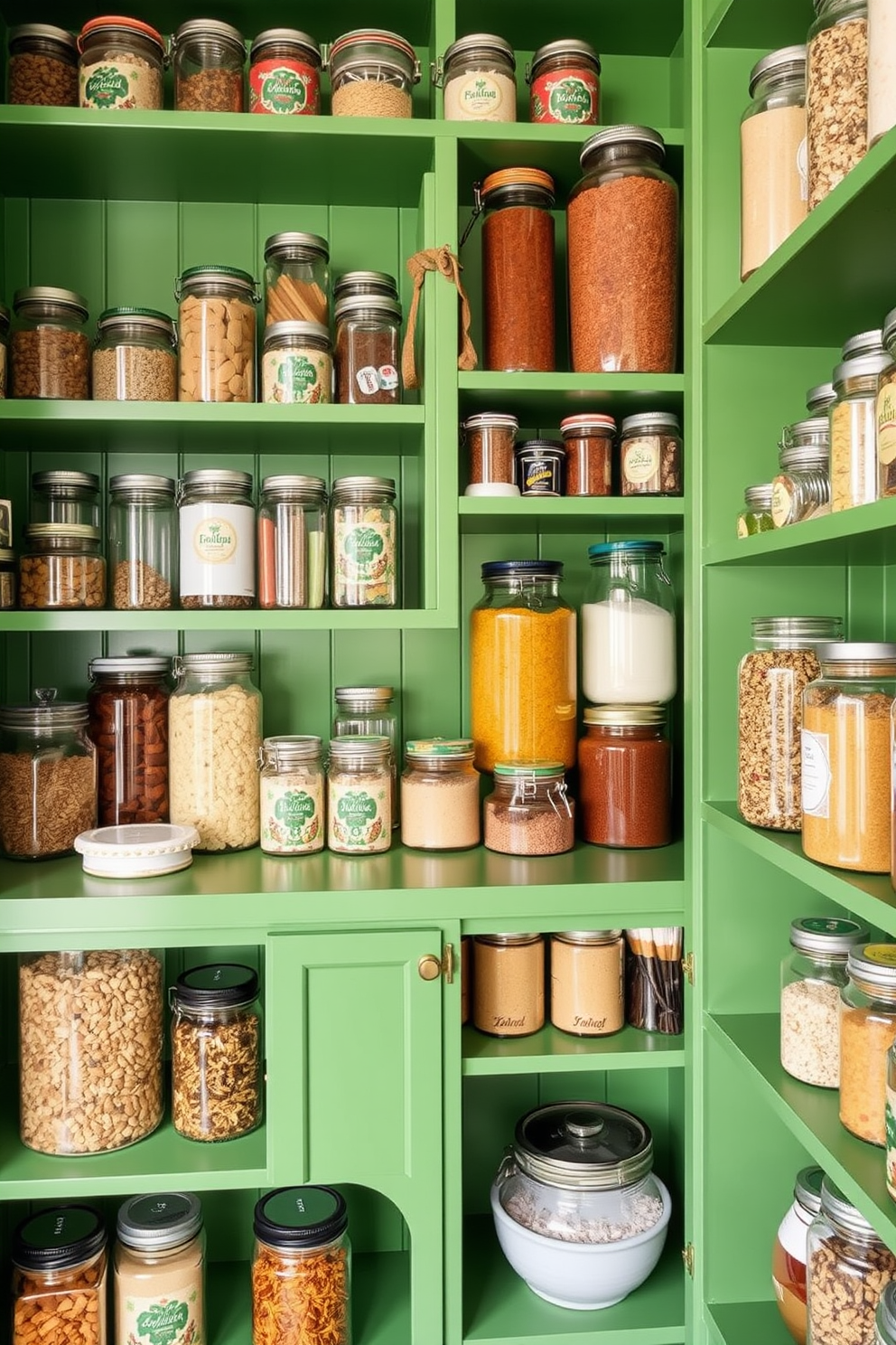 A vibrant green pantry filled with decorative glass jars of various shapes and sizes. The shelves are lined with neatly organized jars, showcasing colorful spices and dry goods, creating an inviting and cheerful atmosphere.