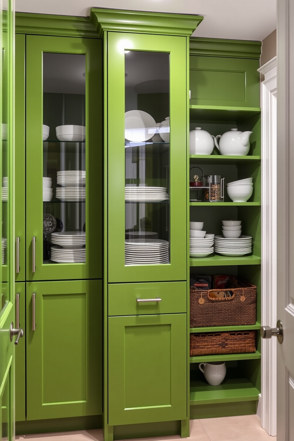 Deep forest green cabinetry with brass handles creates a striking focal point in the kitchen. The pantry is designed with open shelving to showcase elegant dishware and decorative jars, enhancing both functionality and aesthetics.