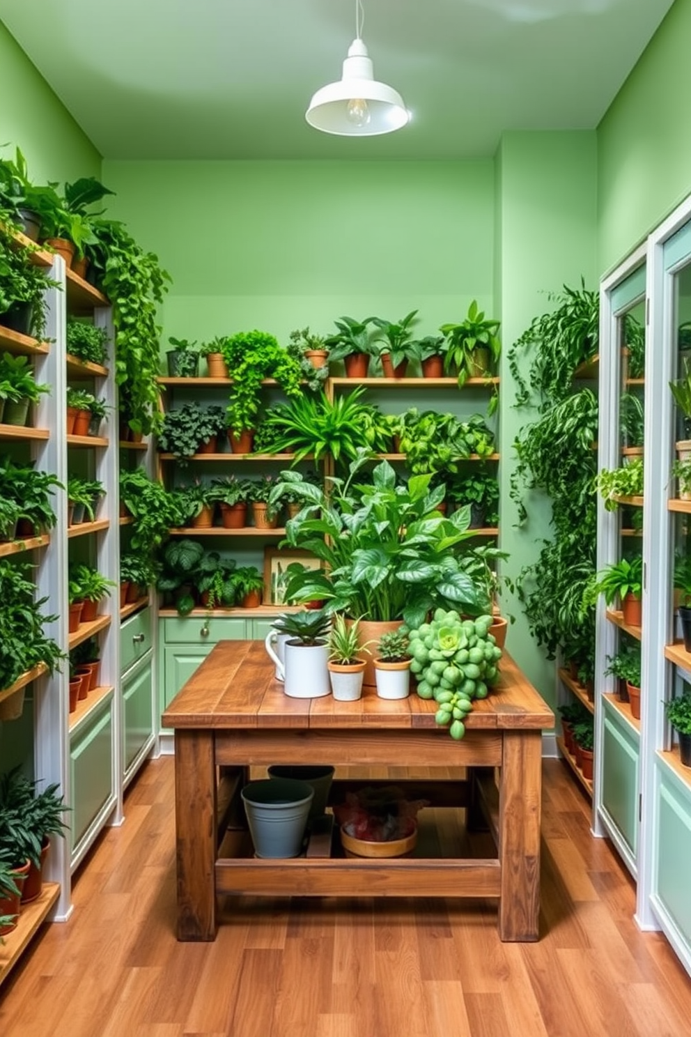 A lush green pantry filled with vibrant indoor plants creates a refreshing and inviting atmosphere. Shelves lined with herbs and leafy greens are complemented by natural wood accents and soft lighting. The walls are painted in a soft green hue, enhancing the organic feel of the space. A rustic wooden table in the center holds a variety of potted plants, adding to the pantry's charm and functionality.